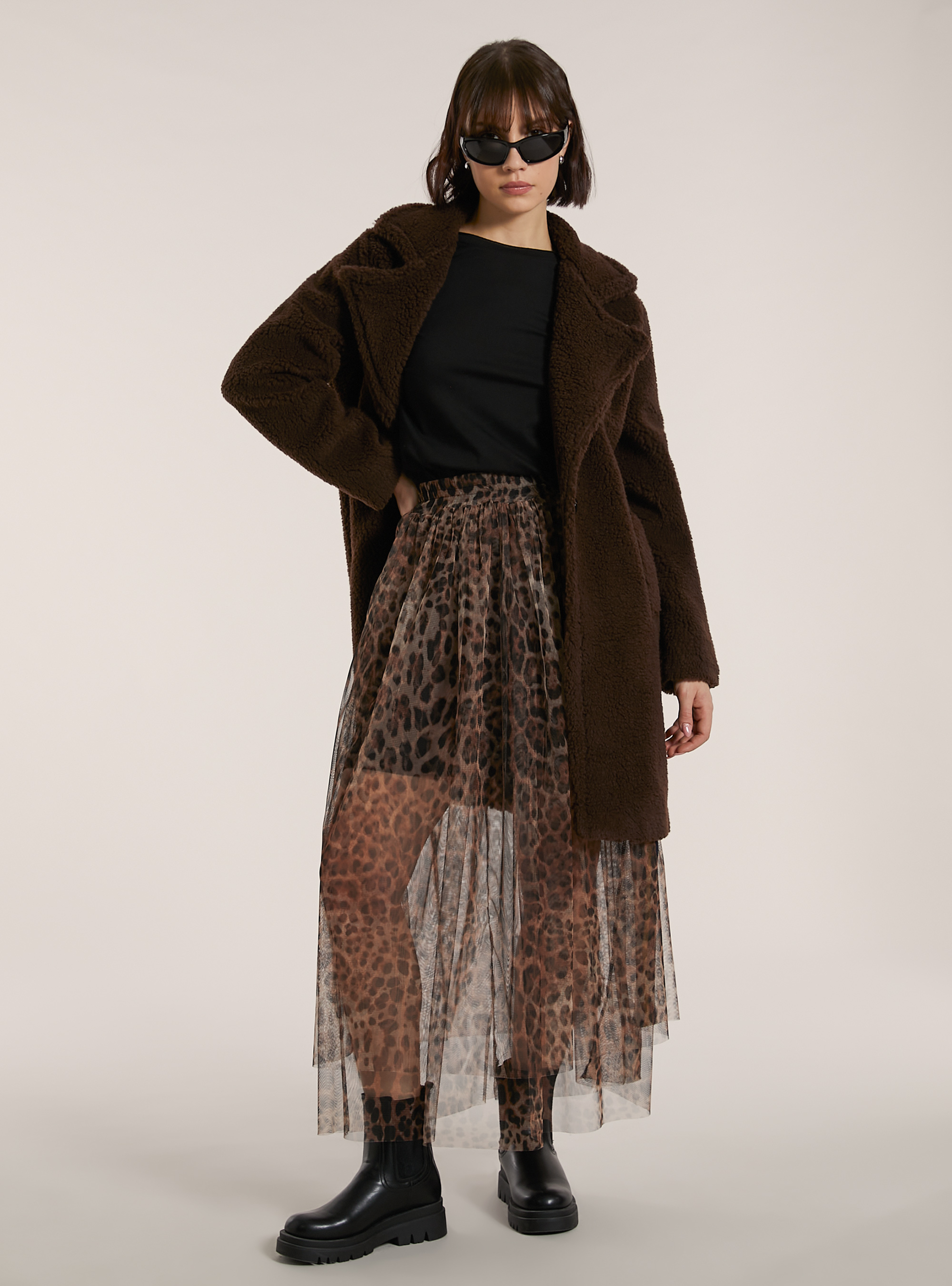 Gonna lunga animalier con bande laterali, ANIMALIER BROWN