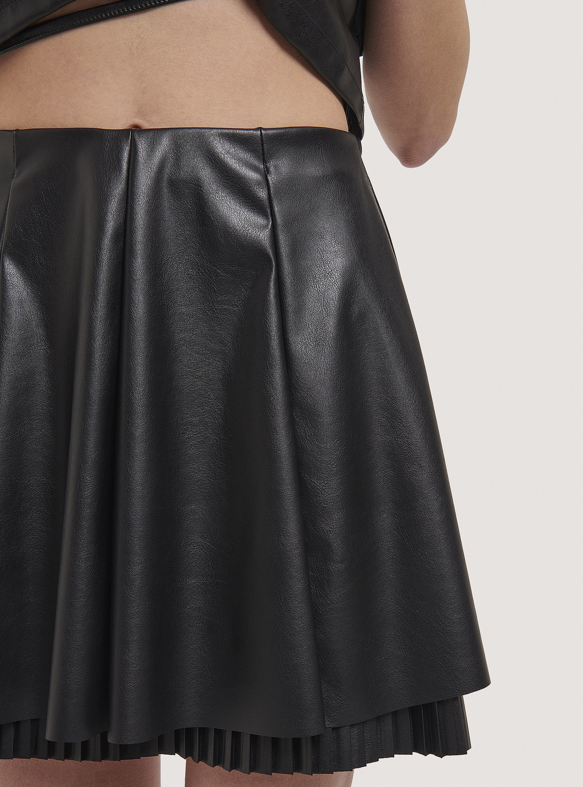 Faux leather skirt with double garment, BLACK