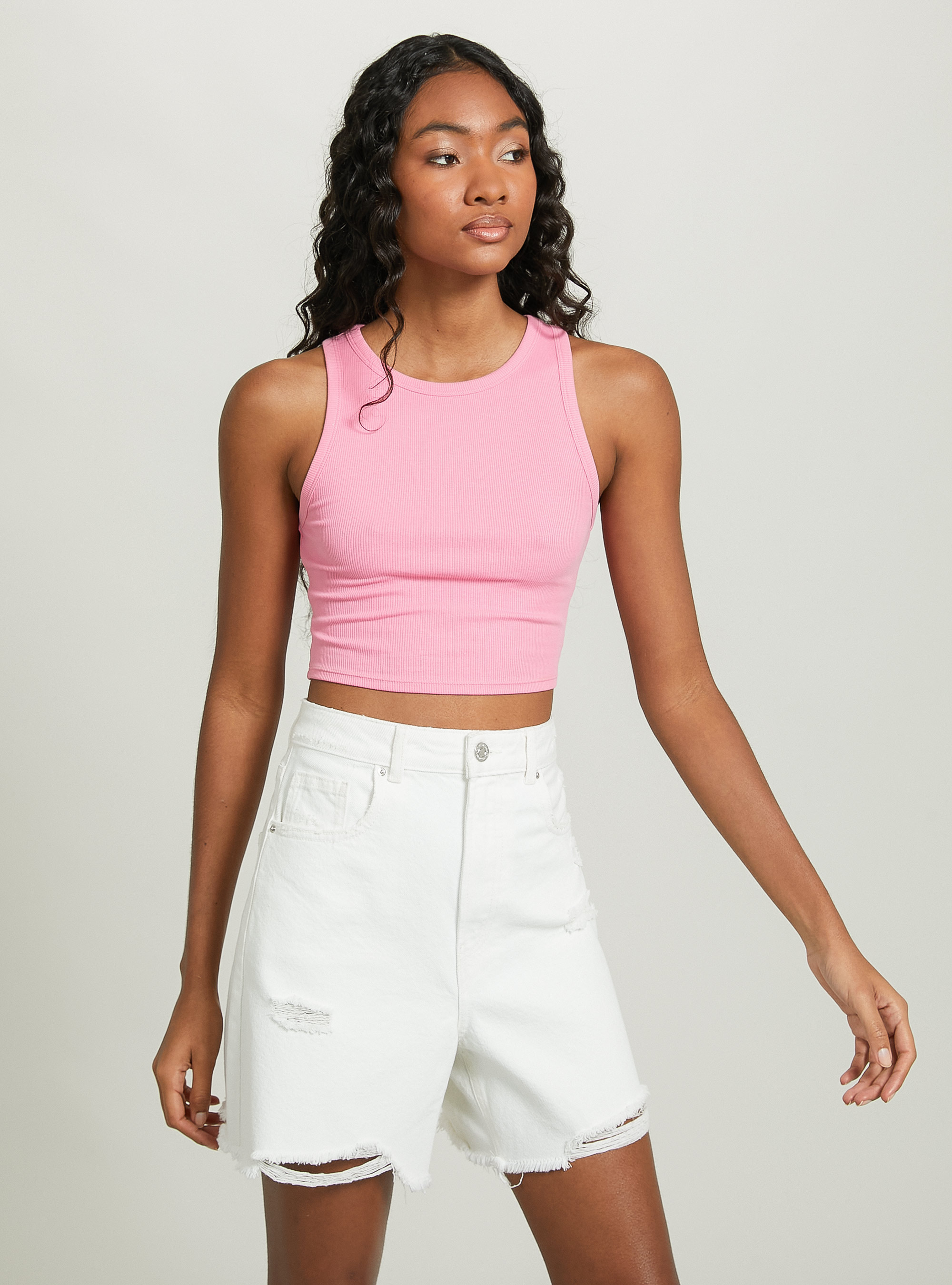 Cropped cotton tank top, PK2 PINK MEDIUM