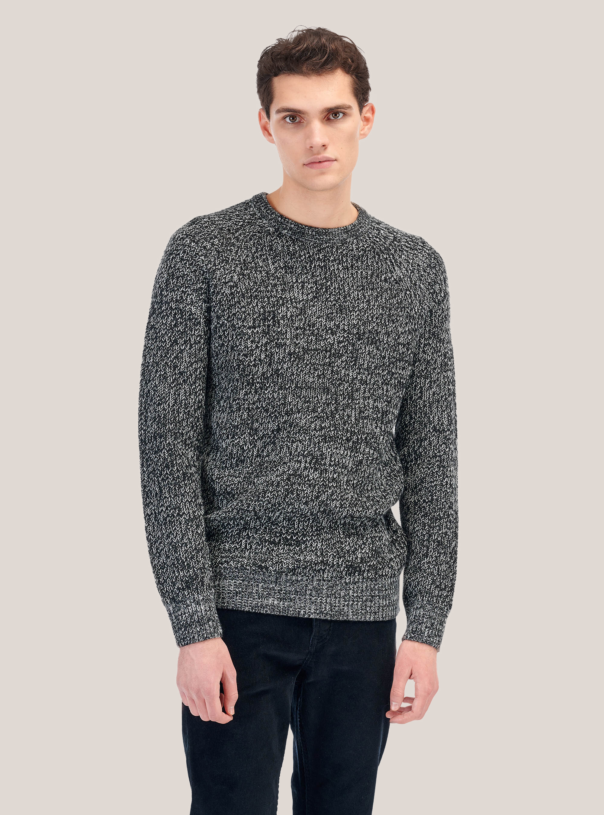 English rib round neck pullover in wool blend, CREAM/BLACK