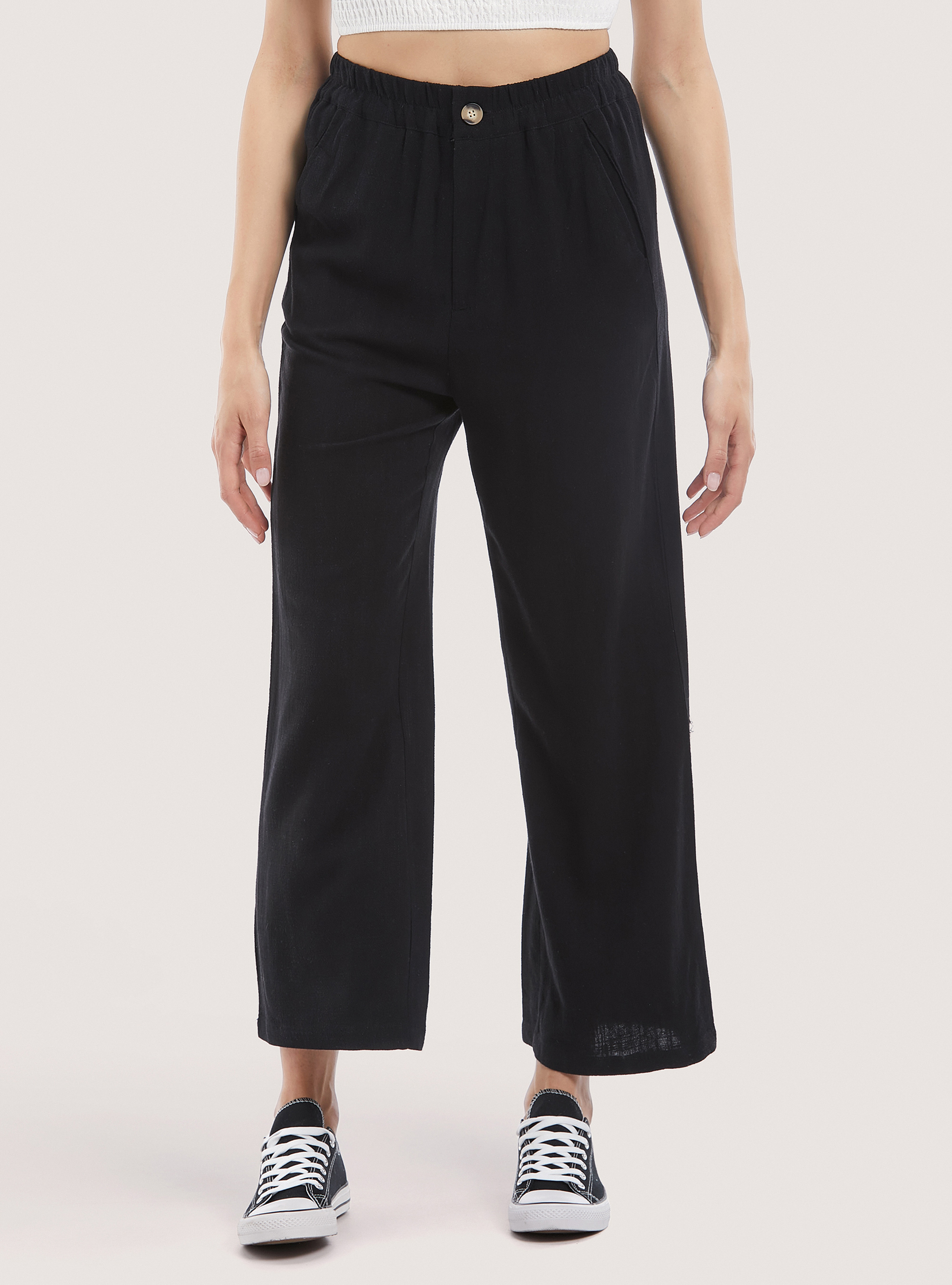 Pantalone regular in misto lino, NERO