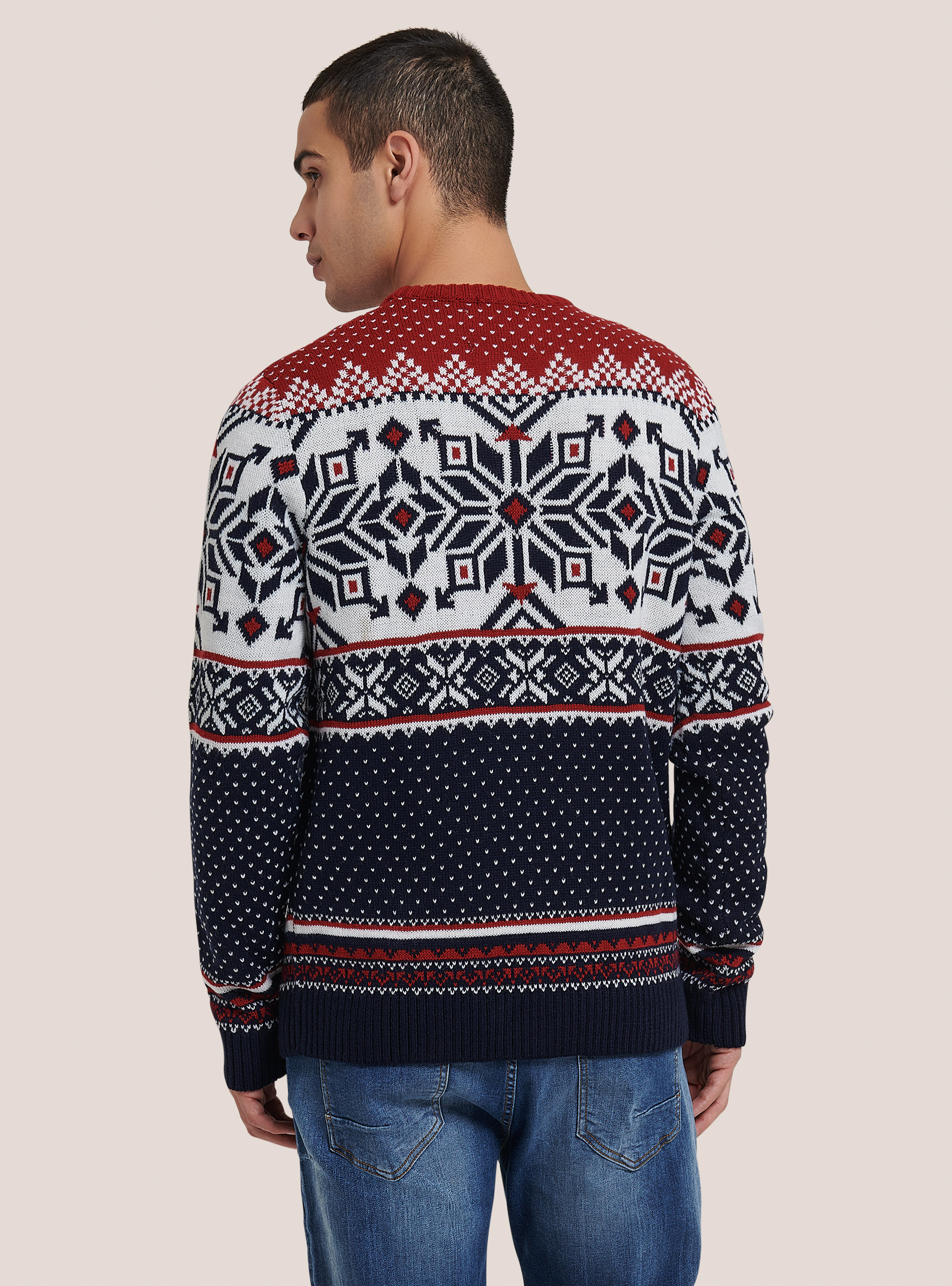 Jersey navide&ntilde;o de cuello redondo con copos de nieve, ROJO