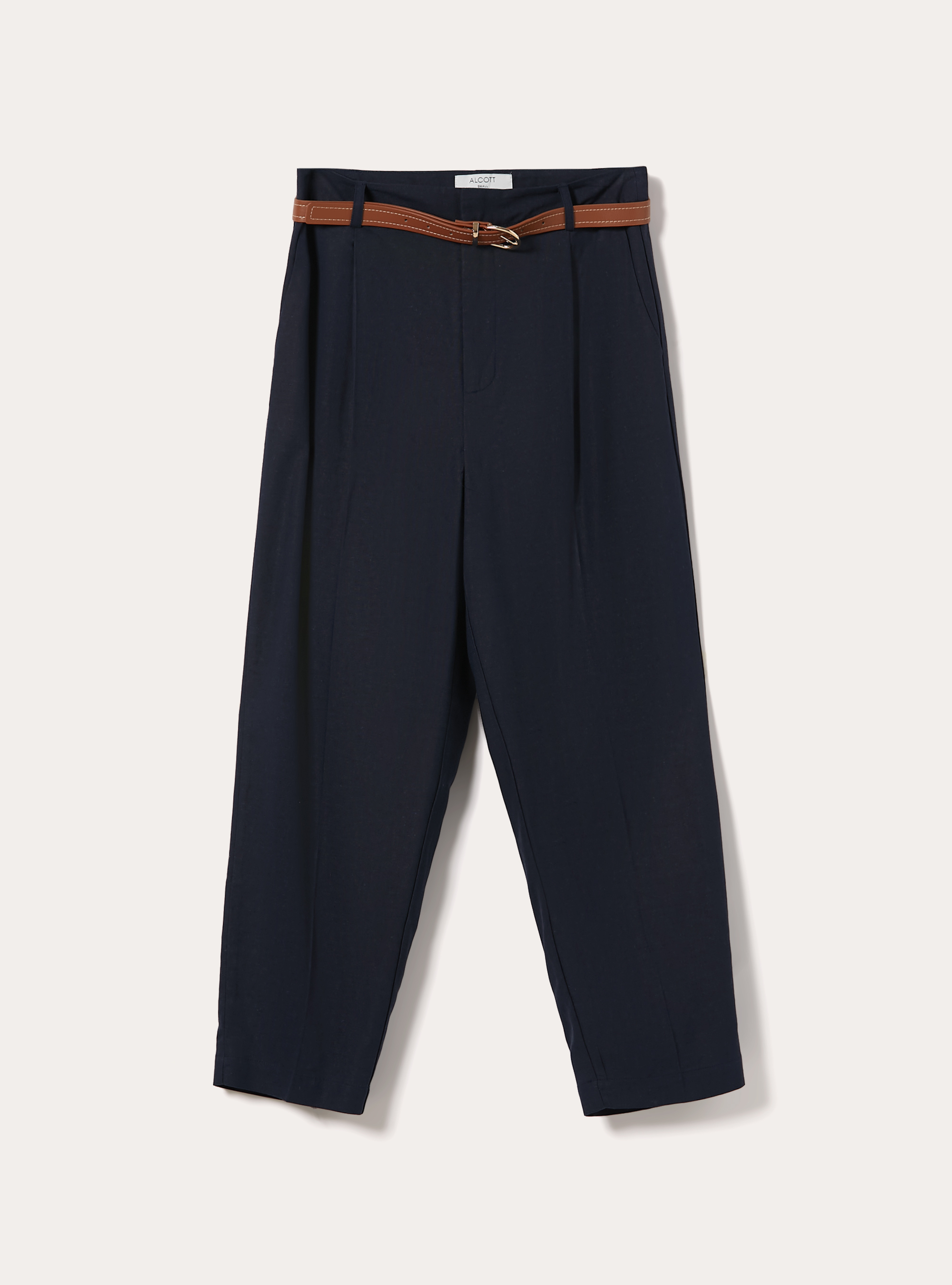 Pantaloni dritti in misto lino con cintura, NA2 NAVY MEDIUM