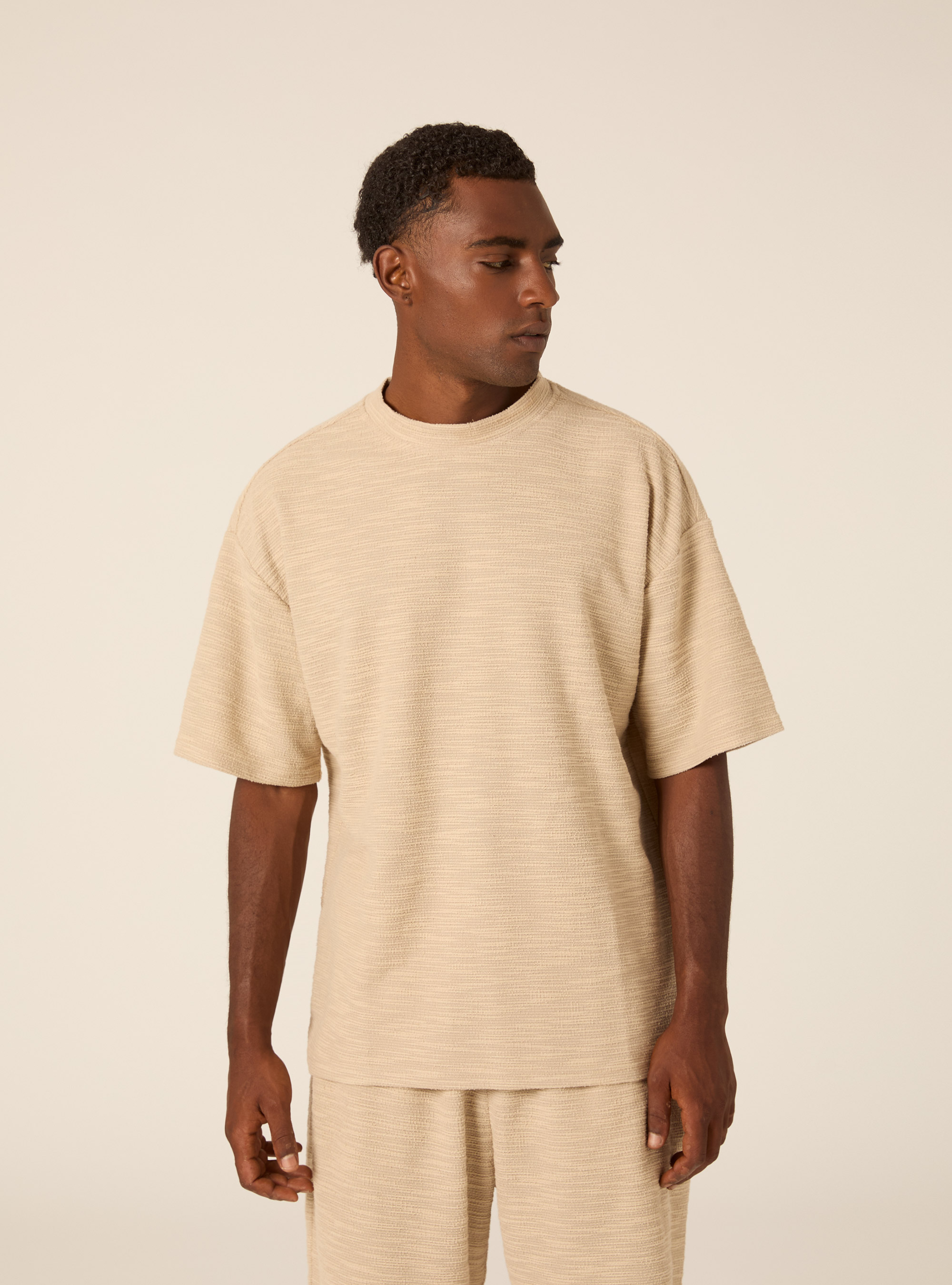 T-shirt in Misto Cotone con Texture, BEIGE MEDIO