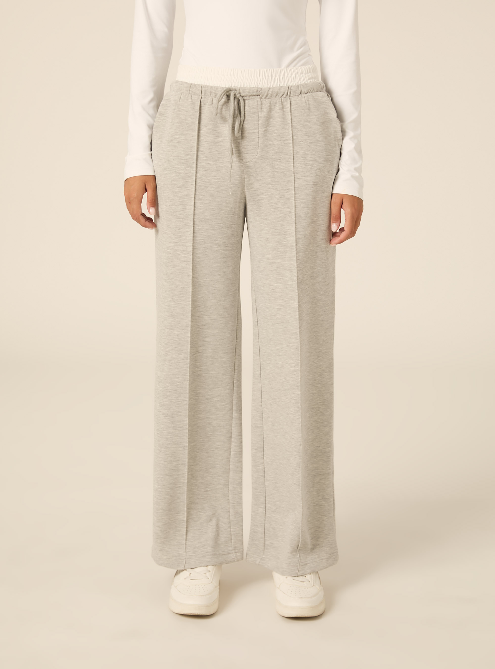 Wide leg hose aus scuba stoff mit doppelbund und biese, MGY3 GREY MEL LIGHT
