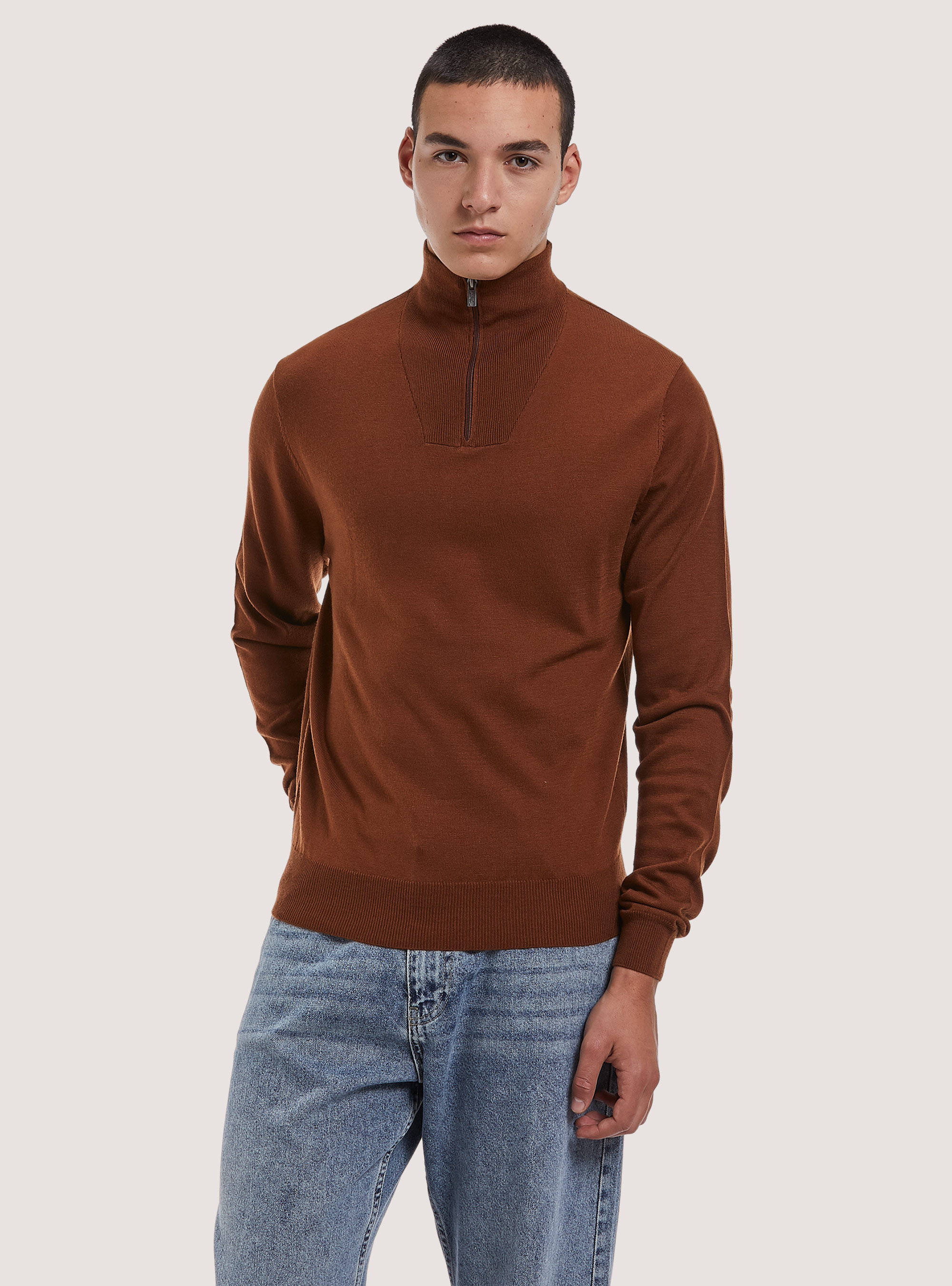 Merino wool zip half-neck pullover, TB1 TOBACCO DARK
