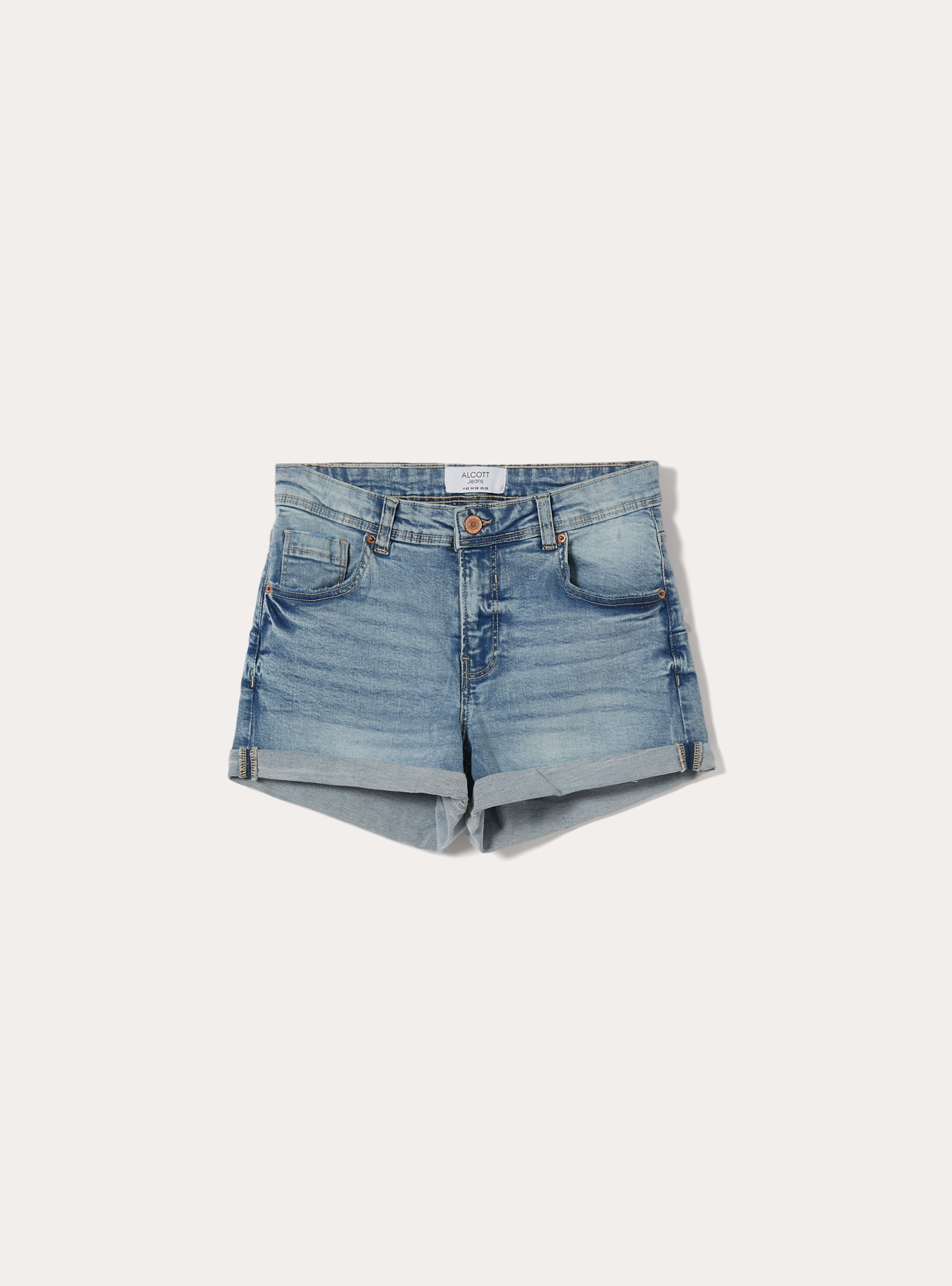 Slim Fit Denim Shorts with Rolled Cuffs, D004 MEDIUM LIGHT BLUE