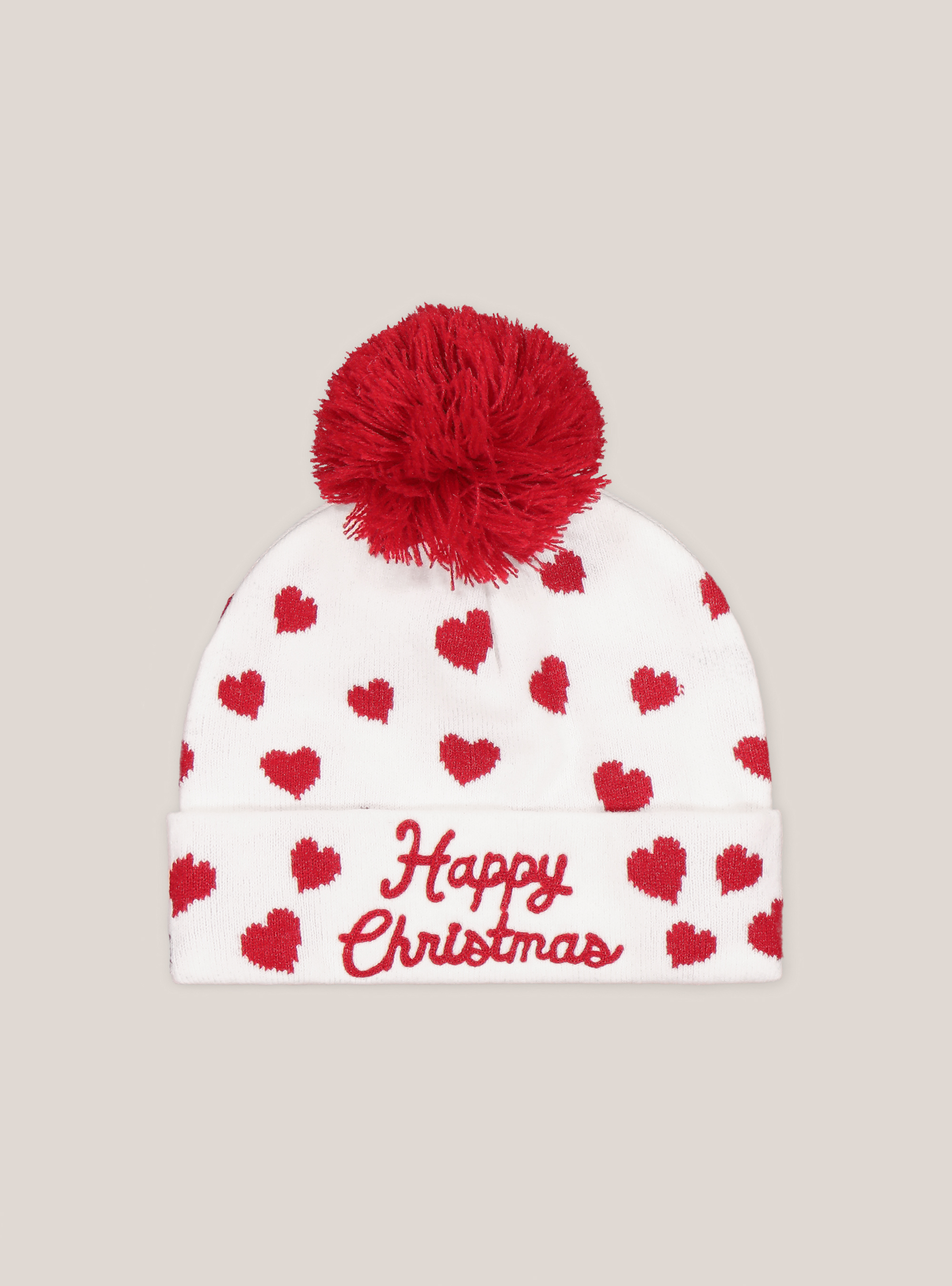 Cappello Merry Christmas con cuori e pon pon, WHITE