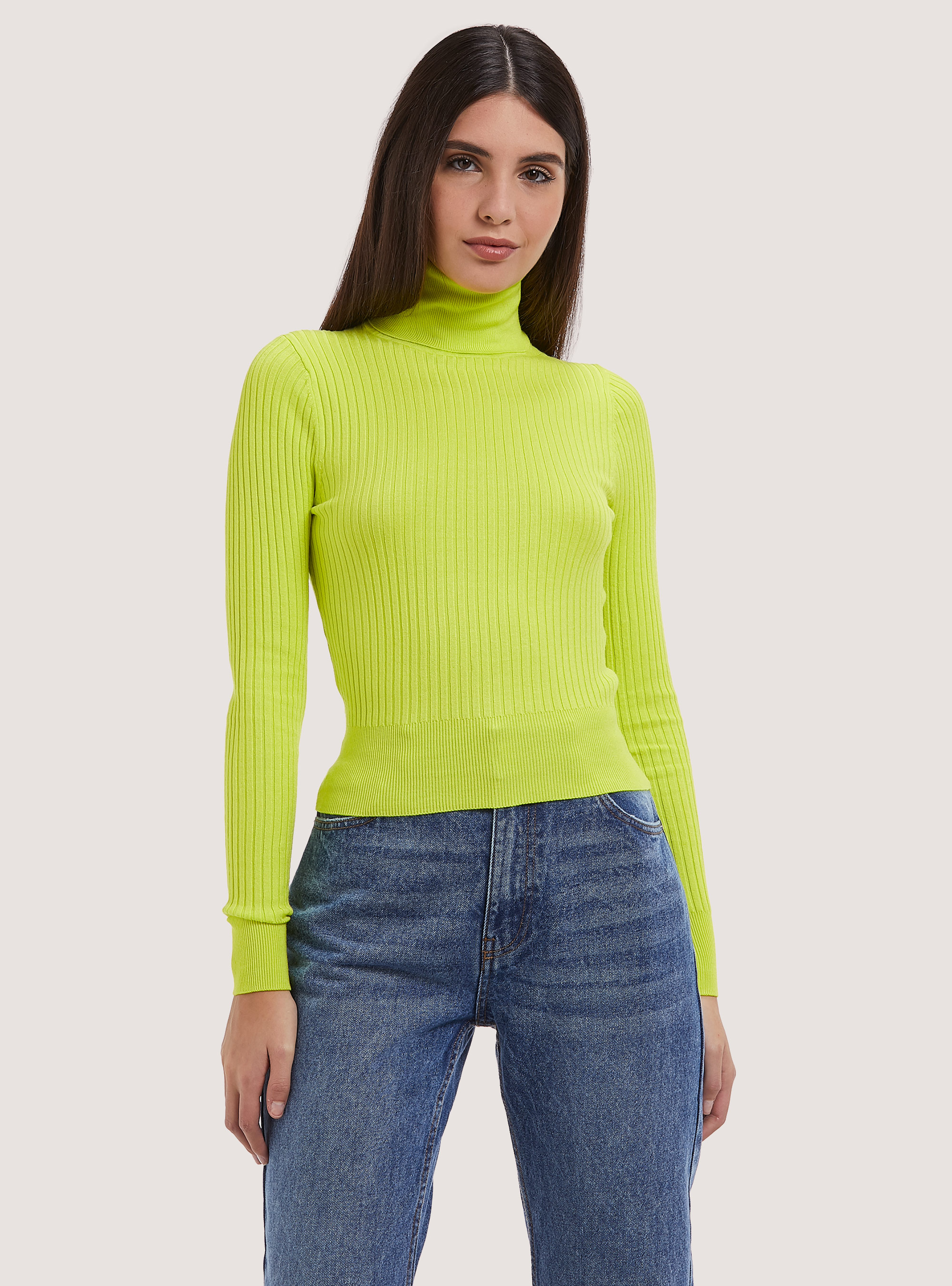 Pullover cropped a collo alto a coste, GC2 ACID GREEN MEDIUM