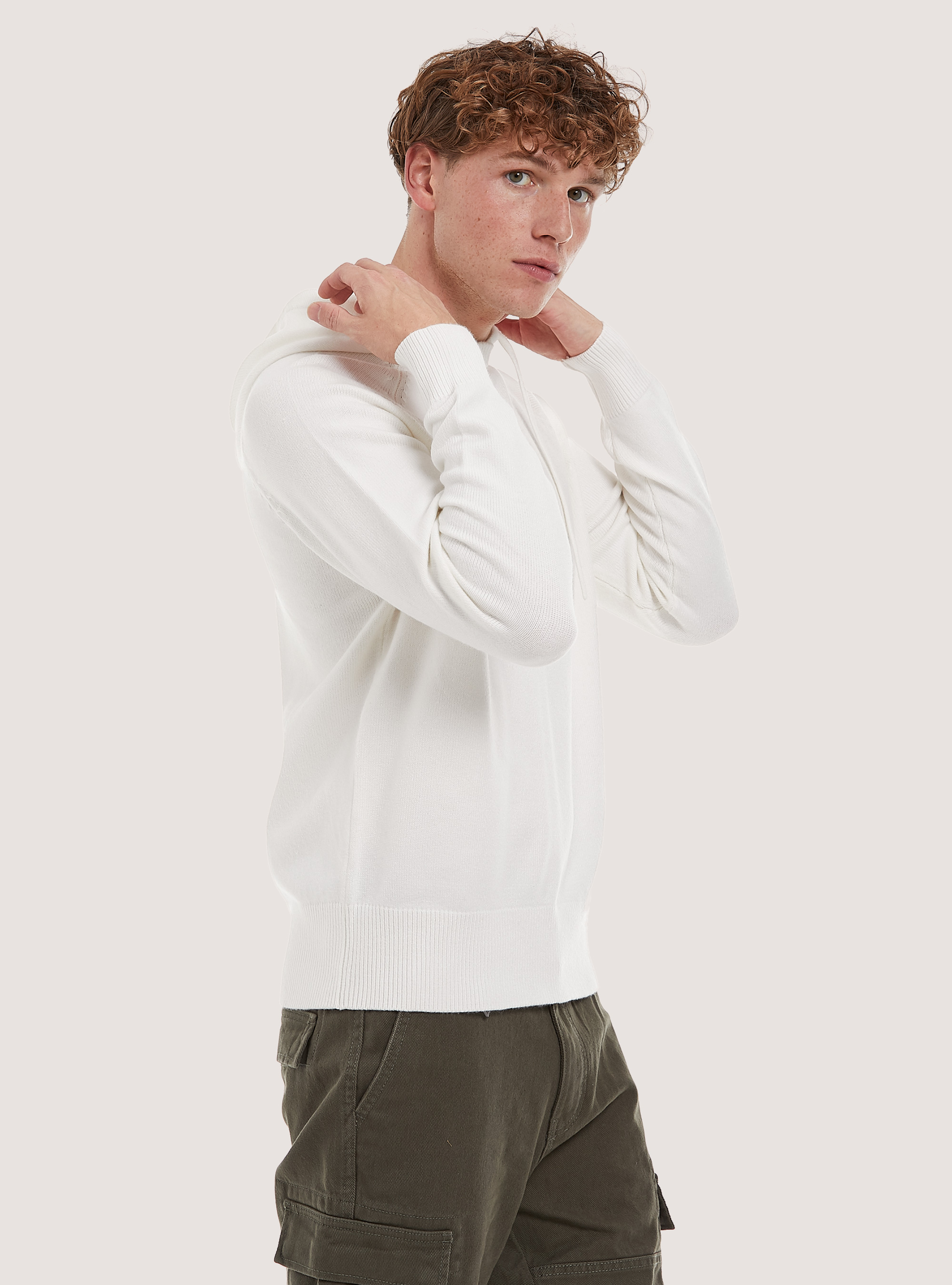 Pull à capuche en tricot au toucher doux, WH2 WHITE