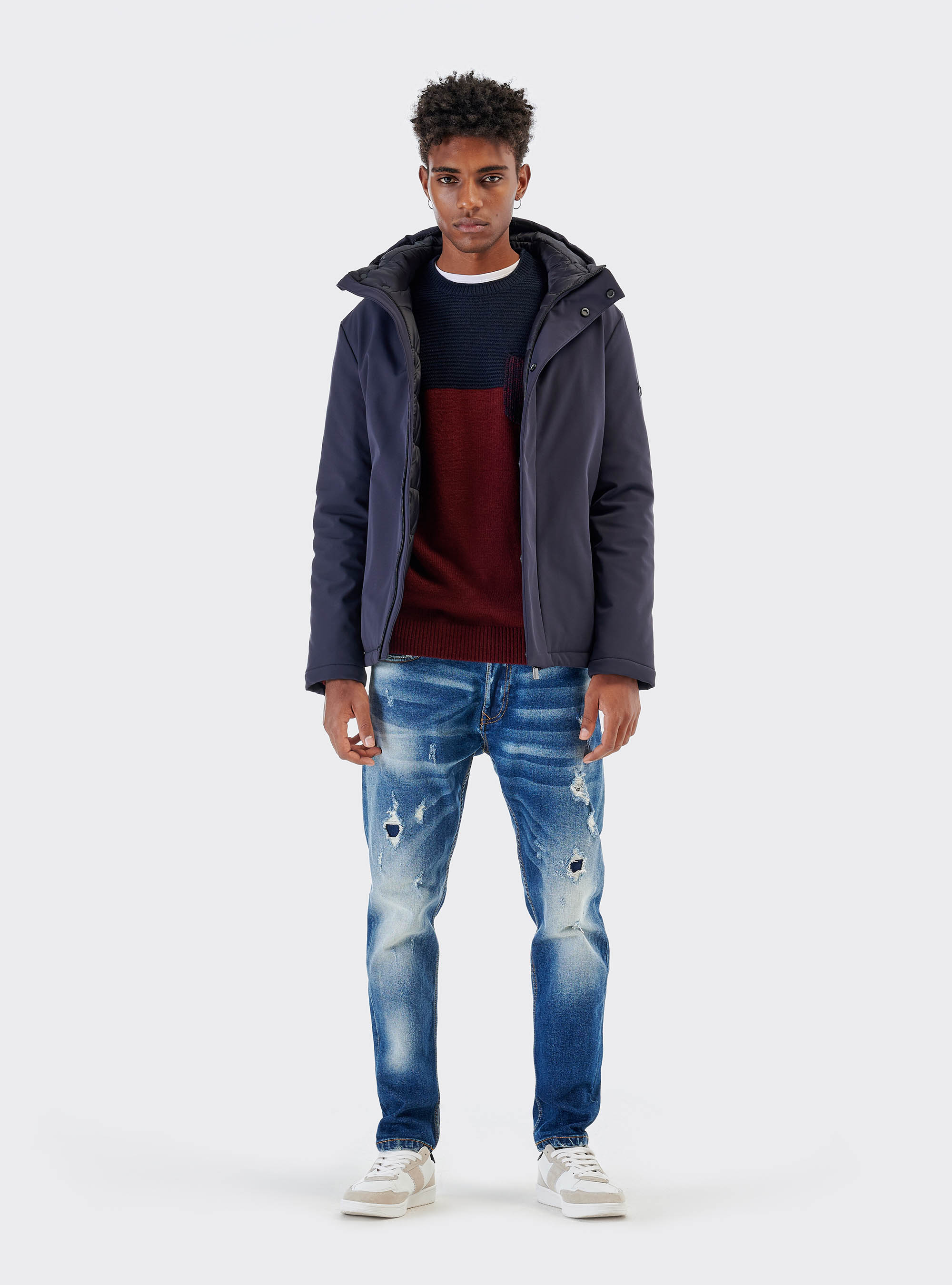 Jersey color block en mezcla de lana con bolsillo, AZUL MARINO