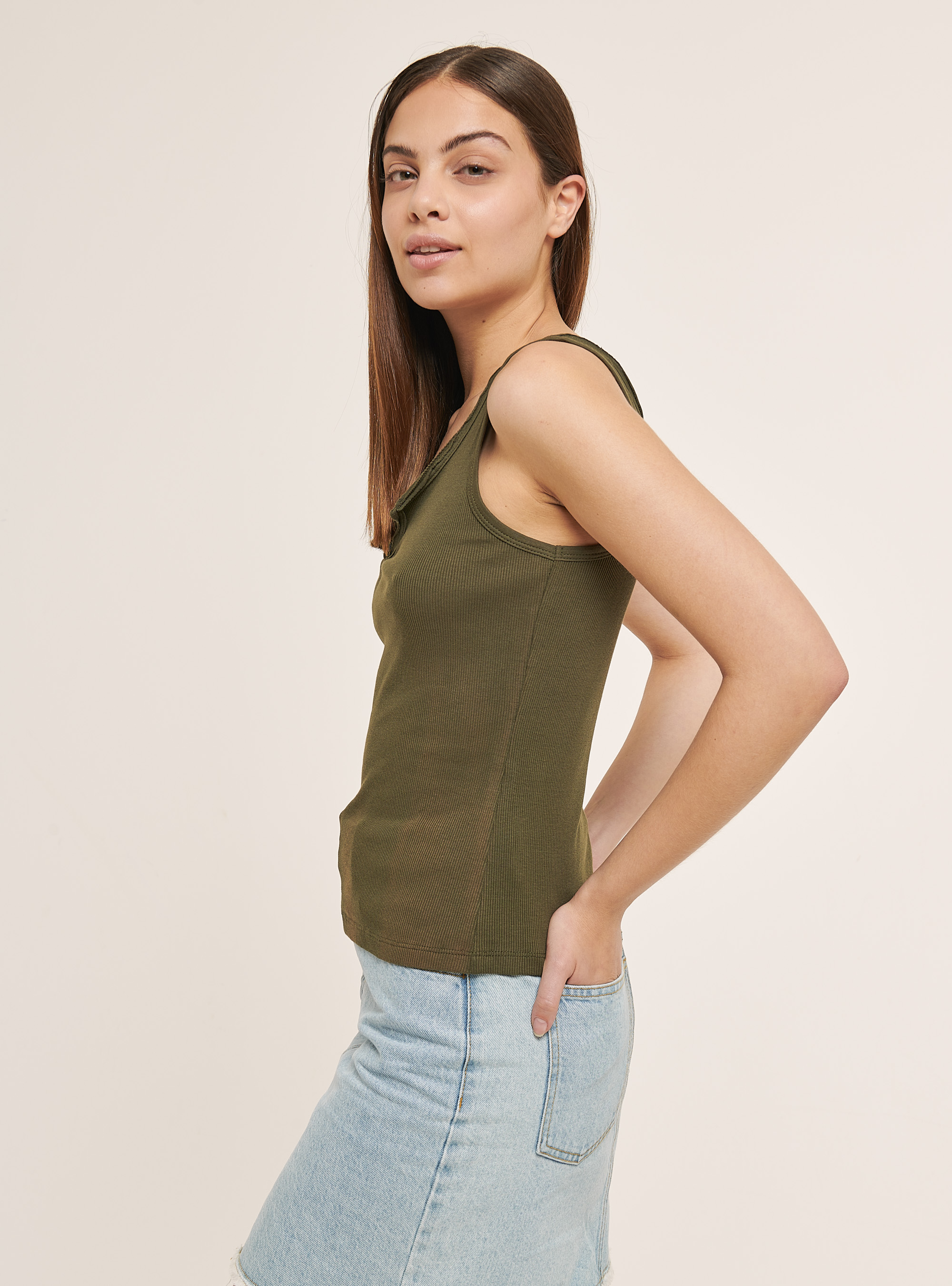 Ribbed cotton tank top with V-neckline, KAKI