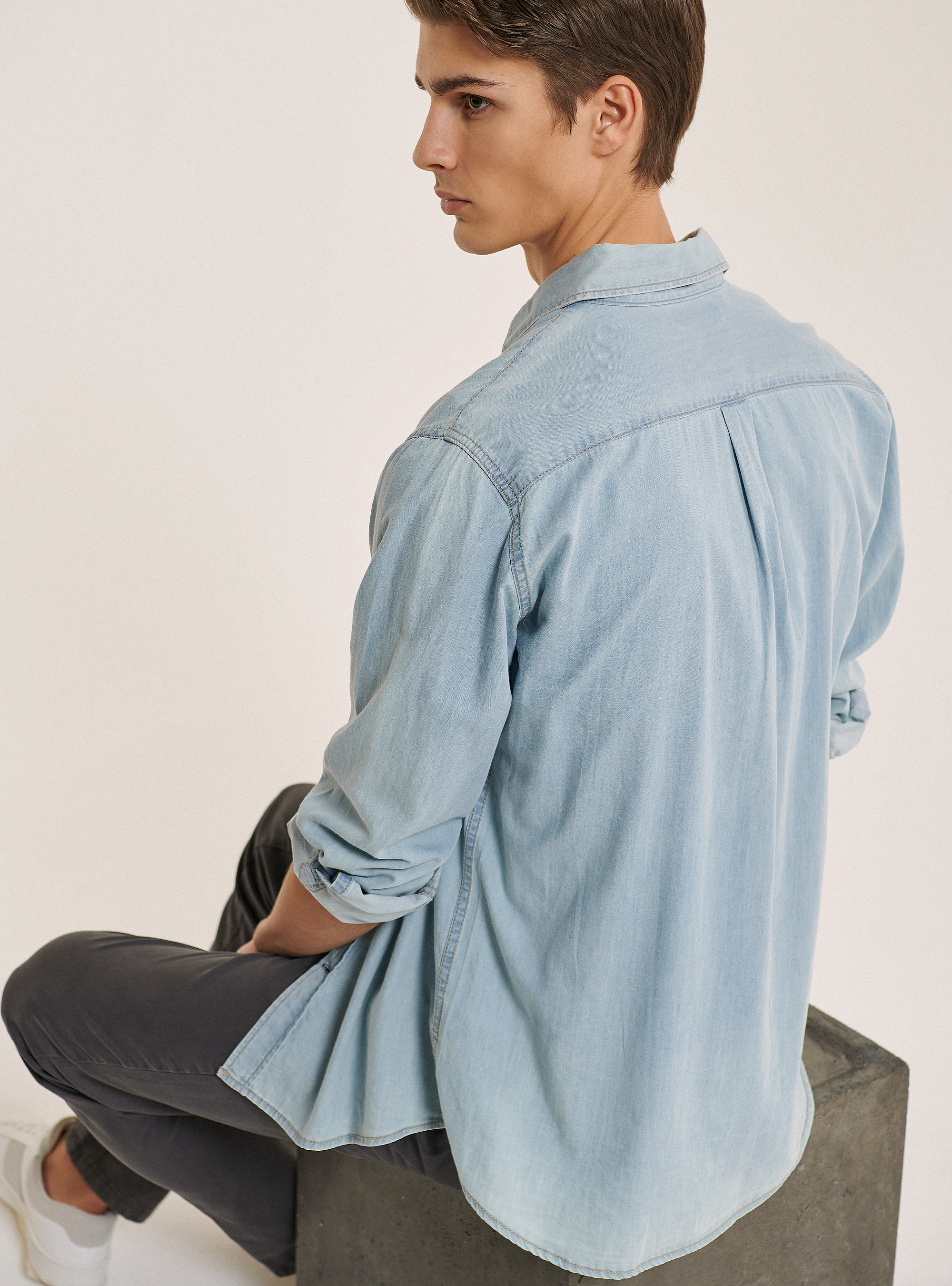 Denim shirt with button-down collar, BLUE