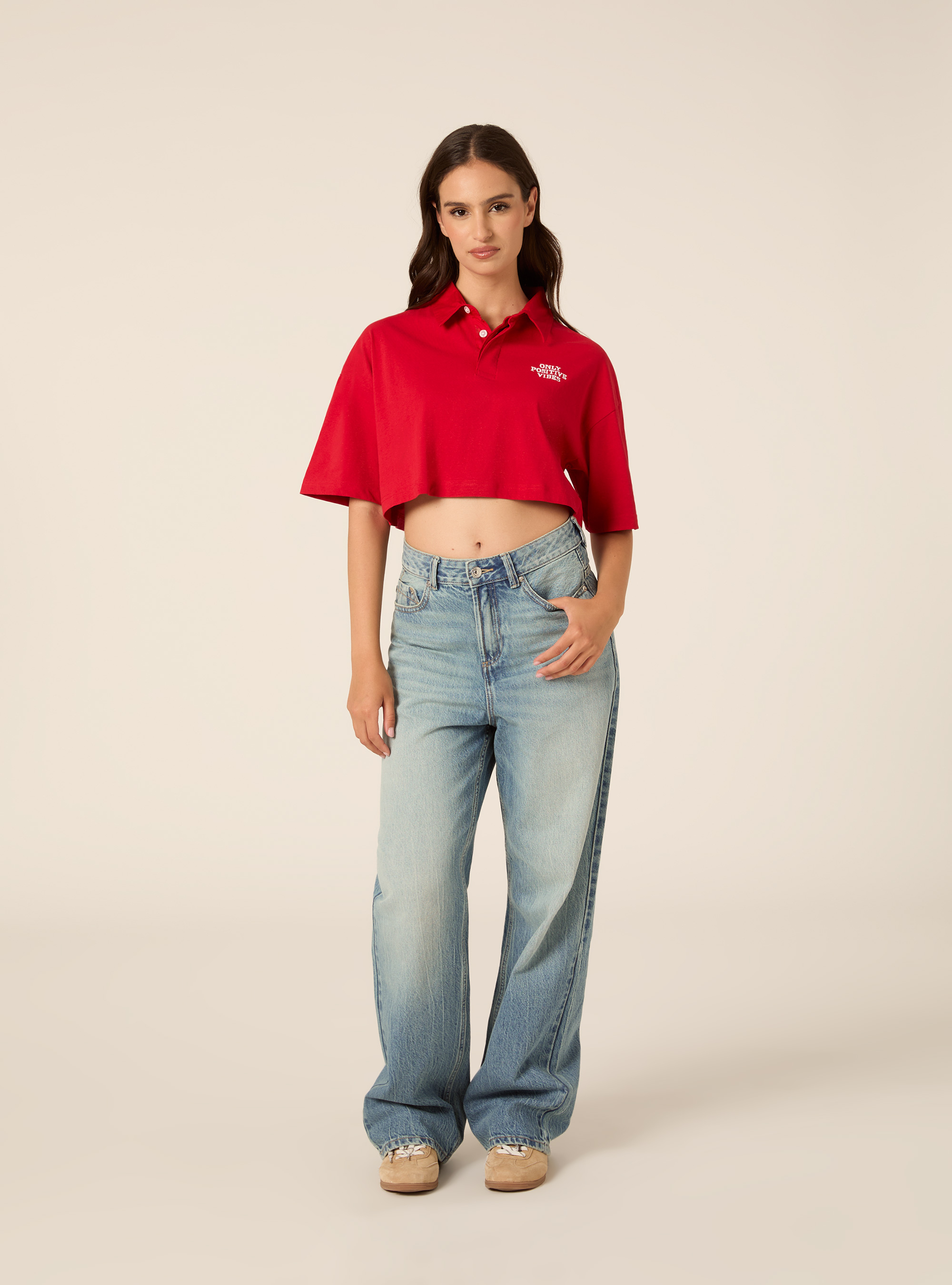 Polo crop tinta unita con ricamo, RD2 RED MEDIUM