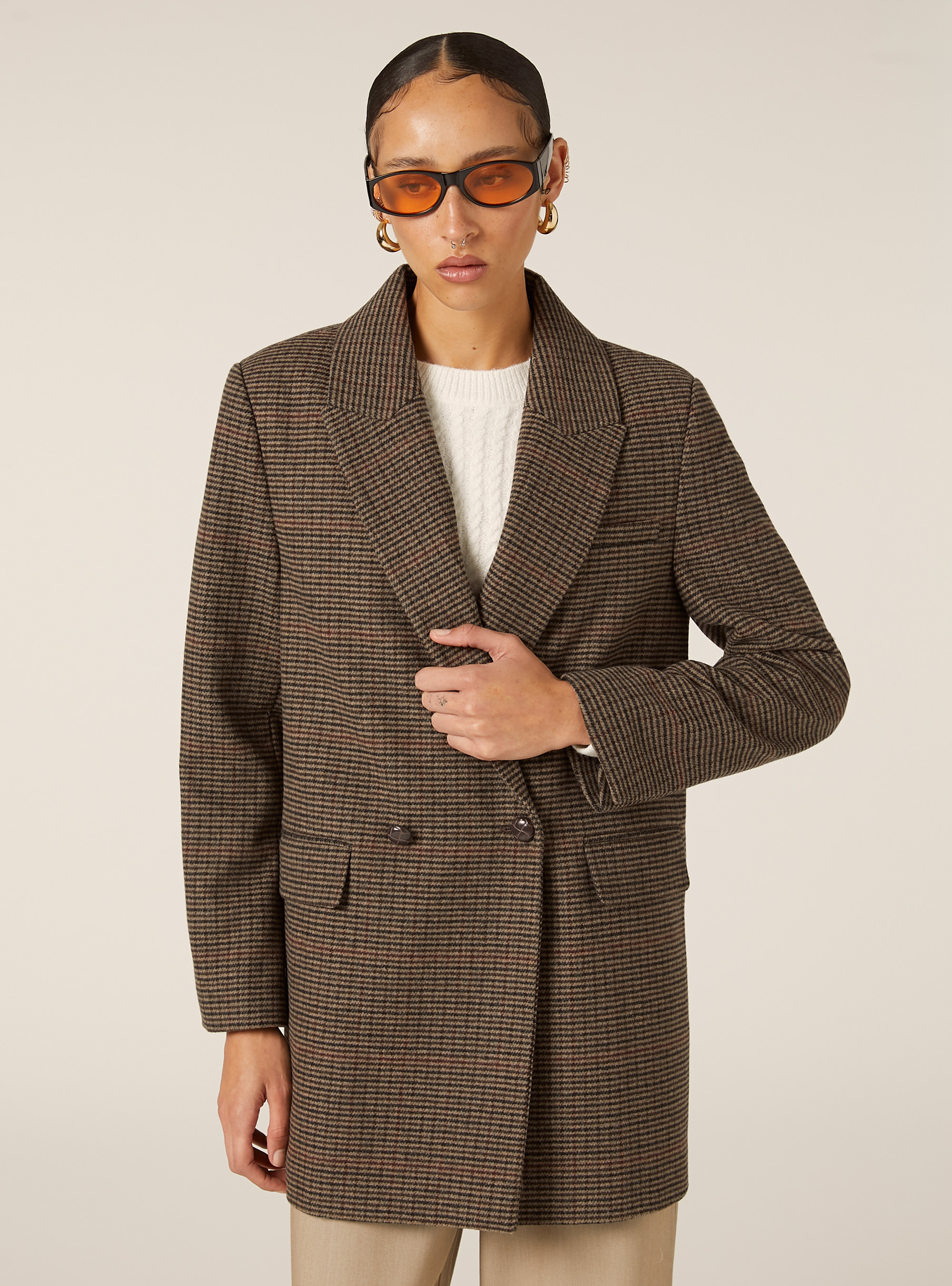 Double-breasted checked coat, BR2 BROWN MEDIUM