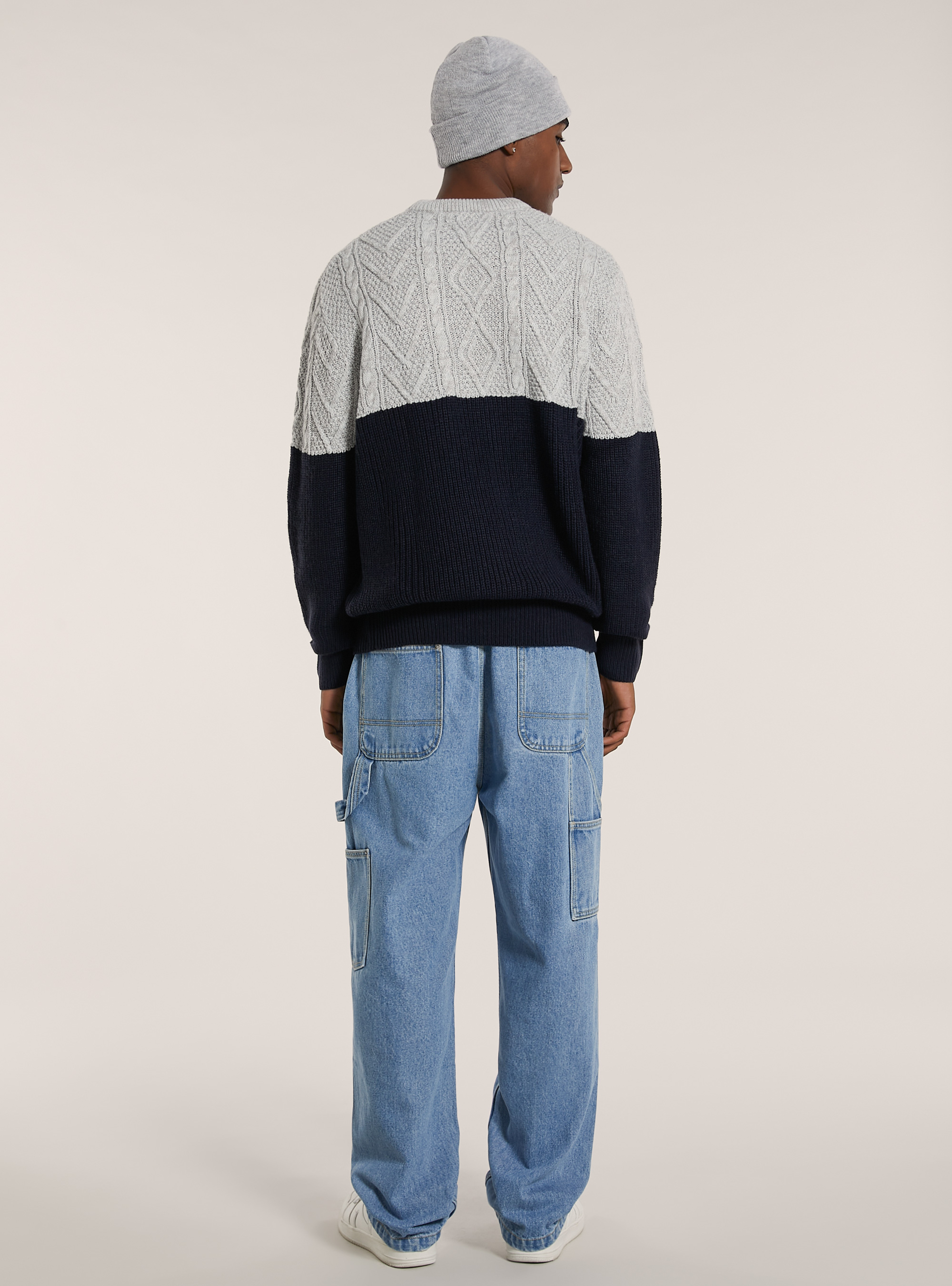 Pullover color block in misto lana con lavorazione a trecce, GY3 GREY LIGHT