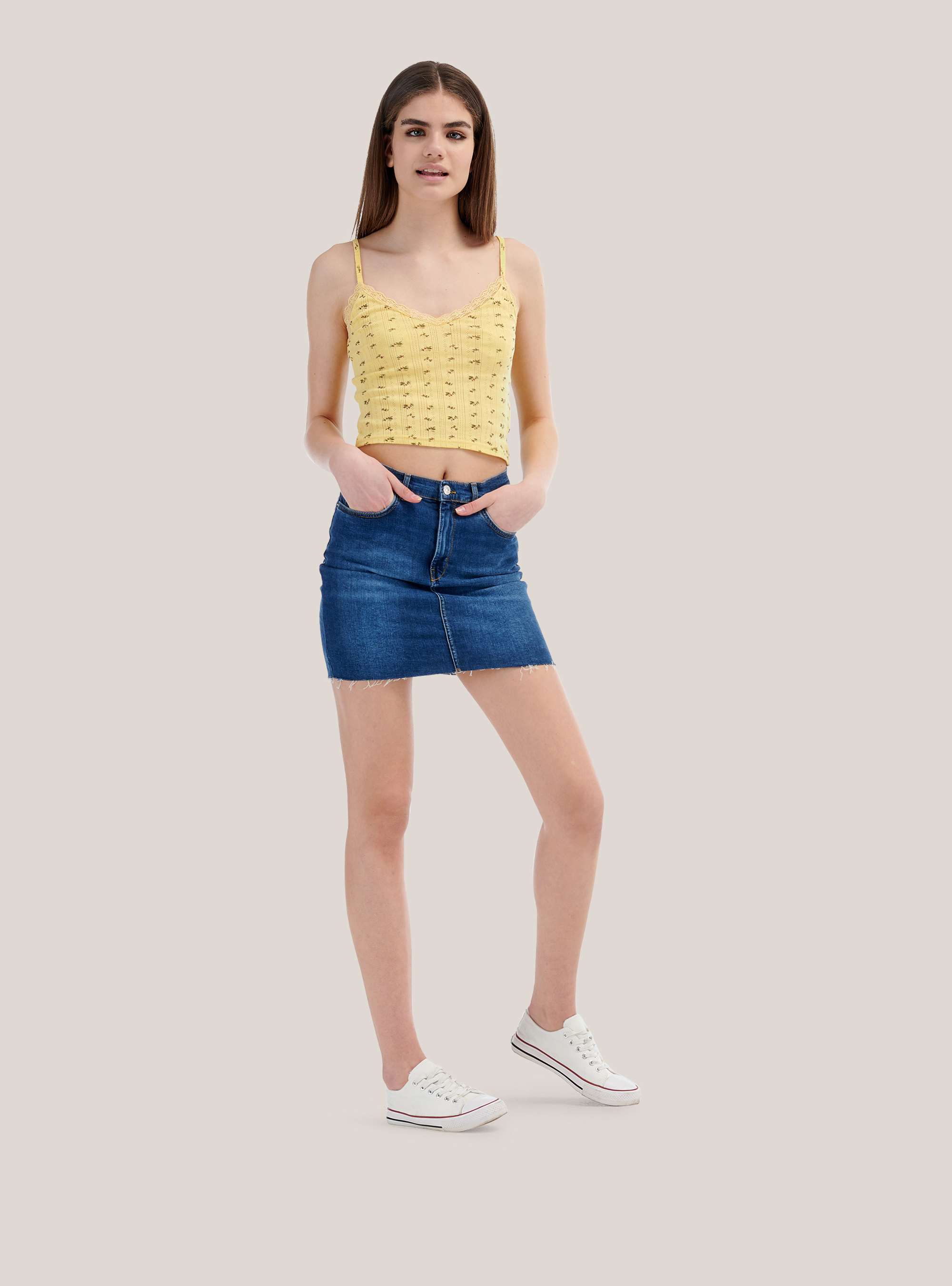 Cropped top a costina con stampa a fiori, C784 YELLOW