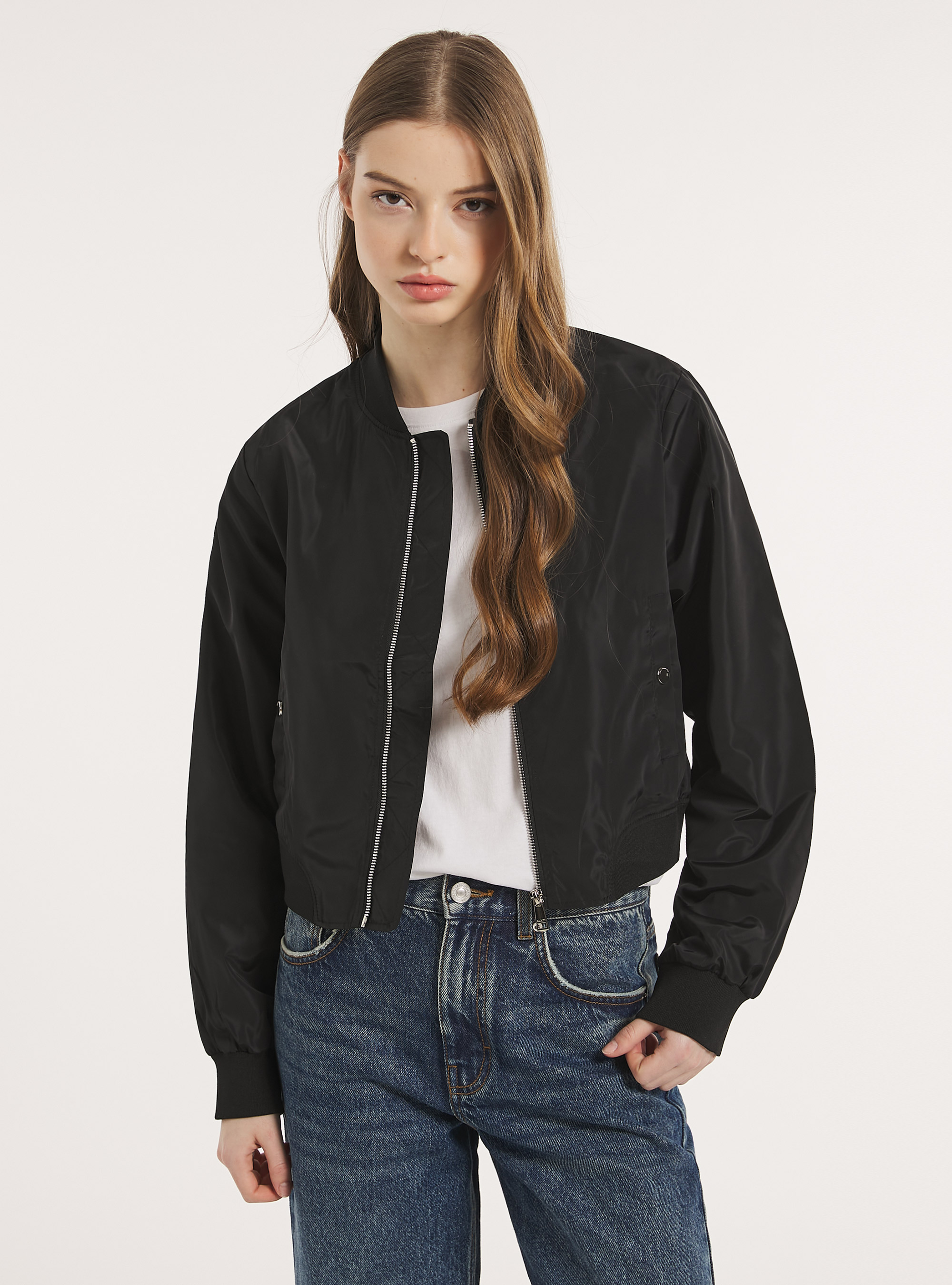 Shiny cropped bomber jacket, BK1 BLACK