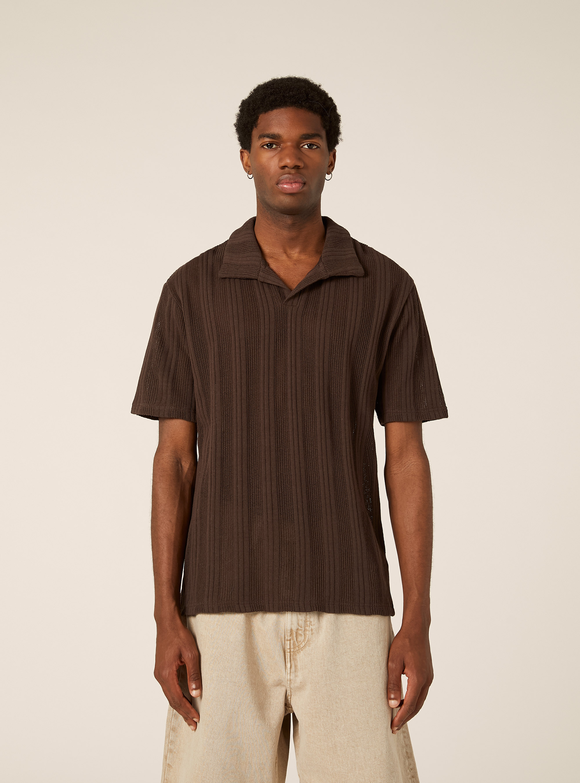 Polo maglia maniche corte traforata, BR1 BROWN DARK
