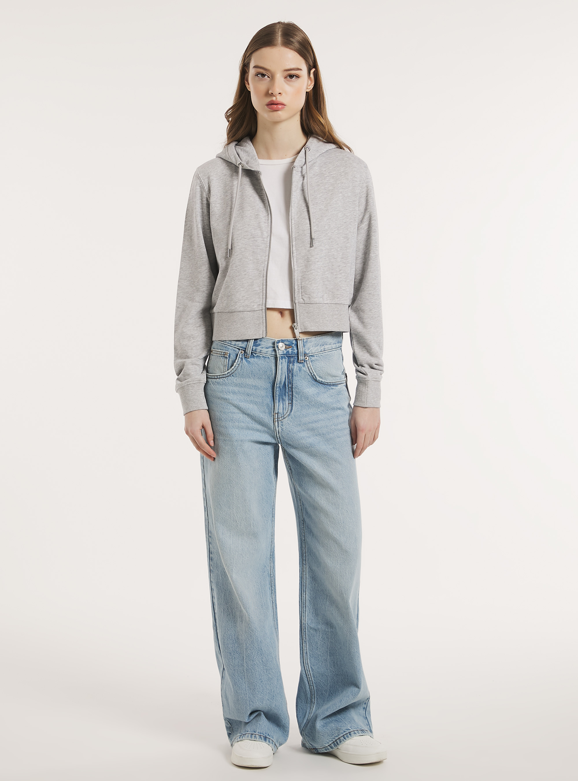 Cropped sweatshirt with zip and hood, MGY3 GREY MEL LIGHT