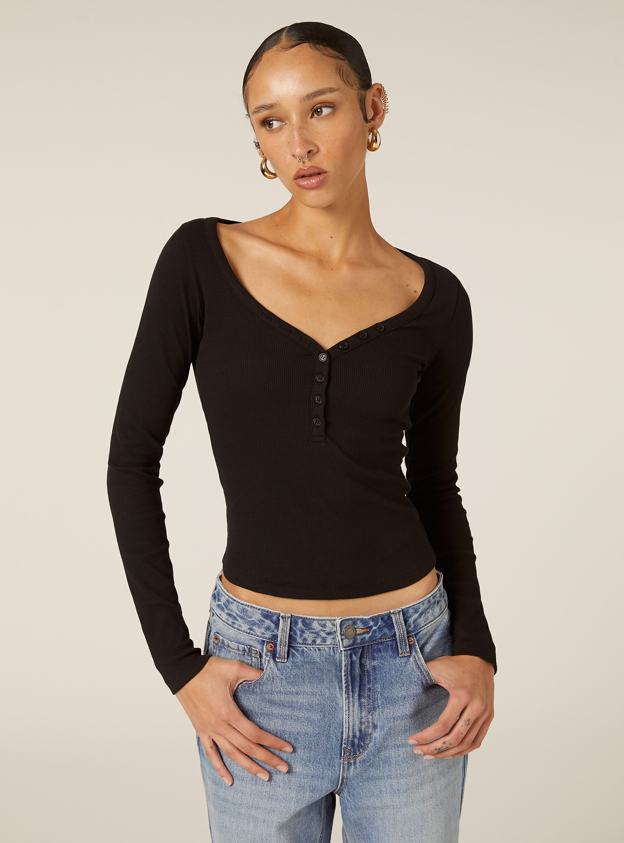 Long-sleeved V-neck T-shirt, BK1 BLACK