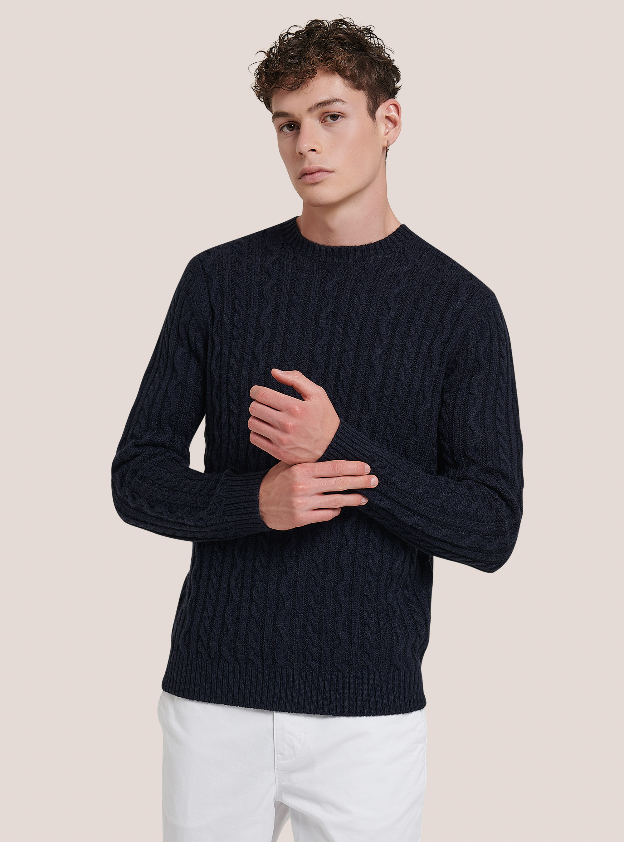 Crew-neck pullover with braids, BLUE NAVY