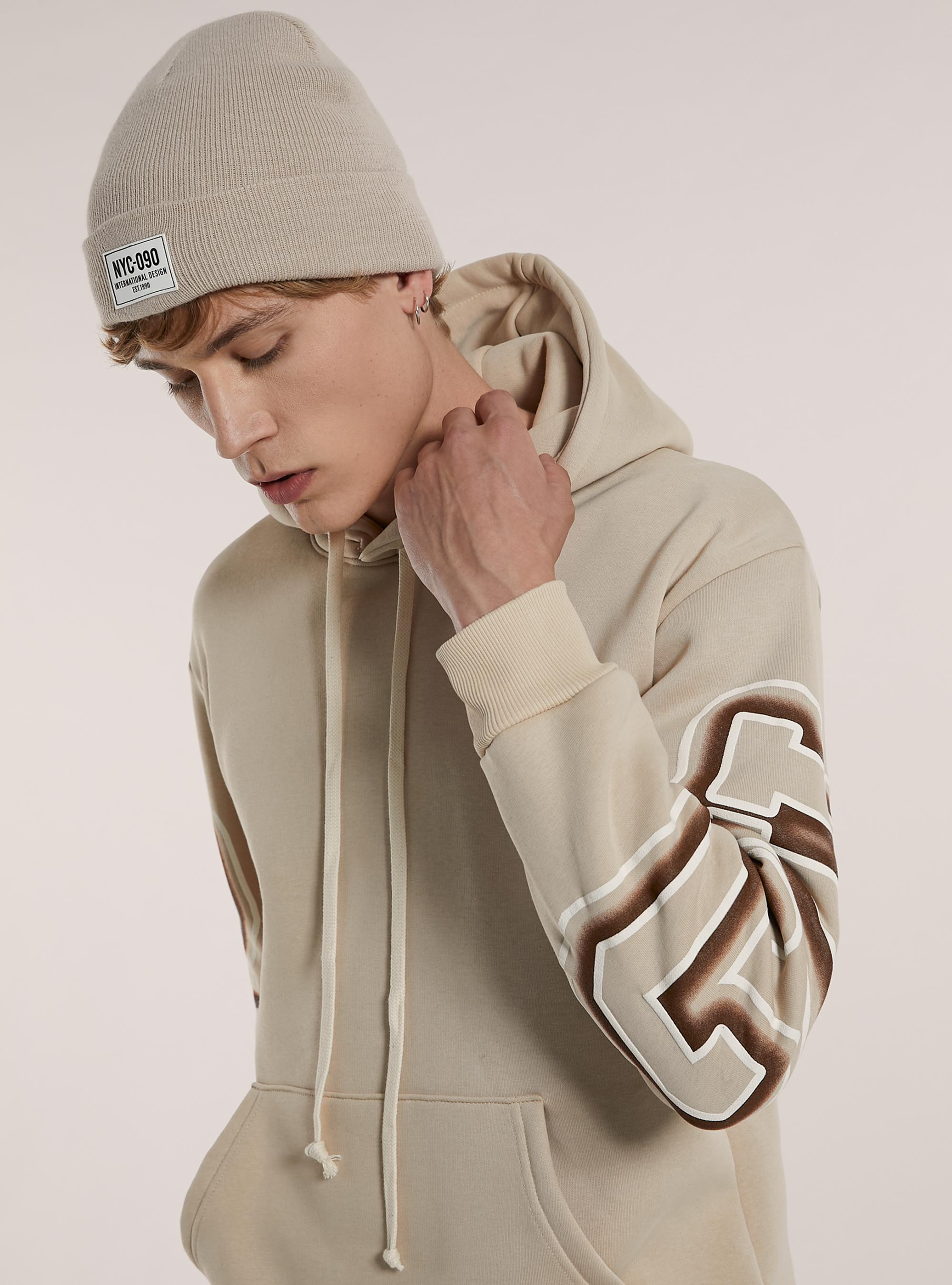 Felpa con cappuccio e stampa chicago, BG3 BEIGE LIGHT