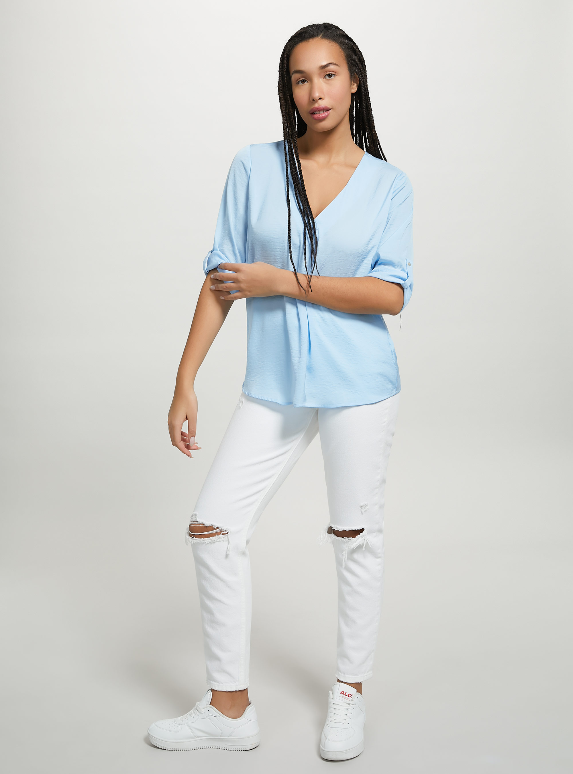 Plain-coloured blouse with neckline, AZ3 AZURE LIGHT