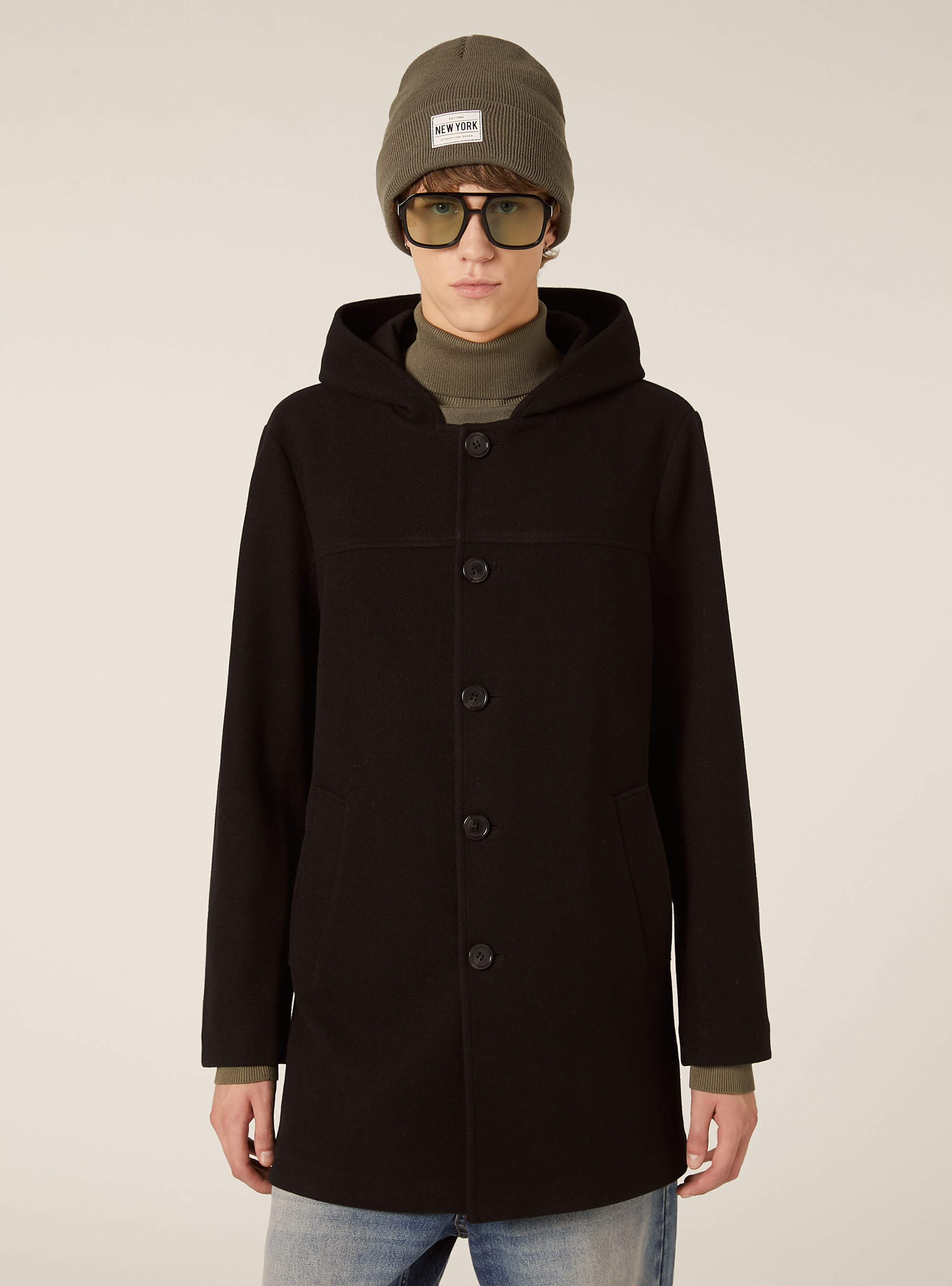 Unlined coat with hood, BK1 BLACK