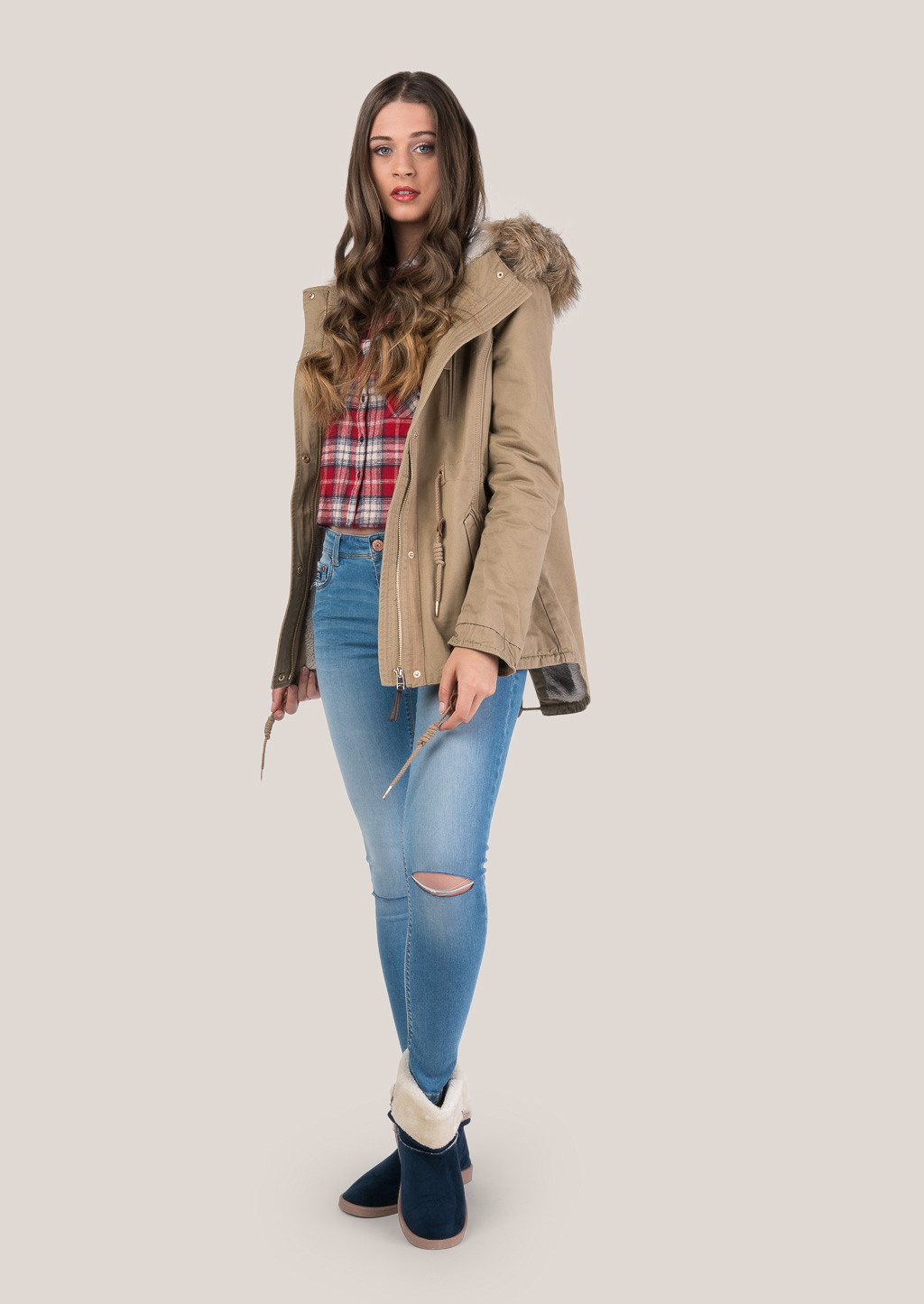 Twill cotton parka with lamb inside, BEIGE