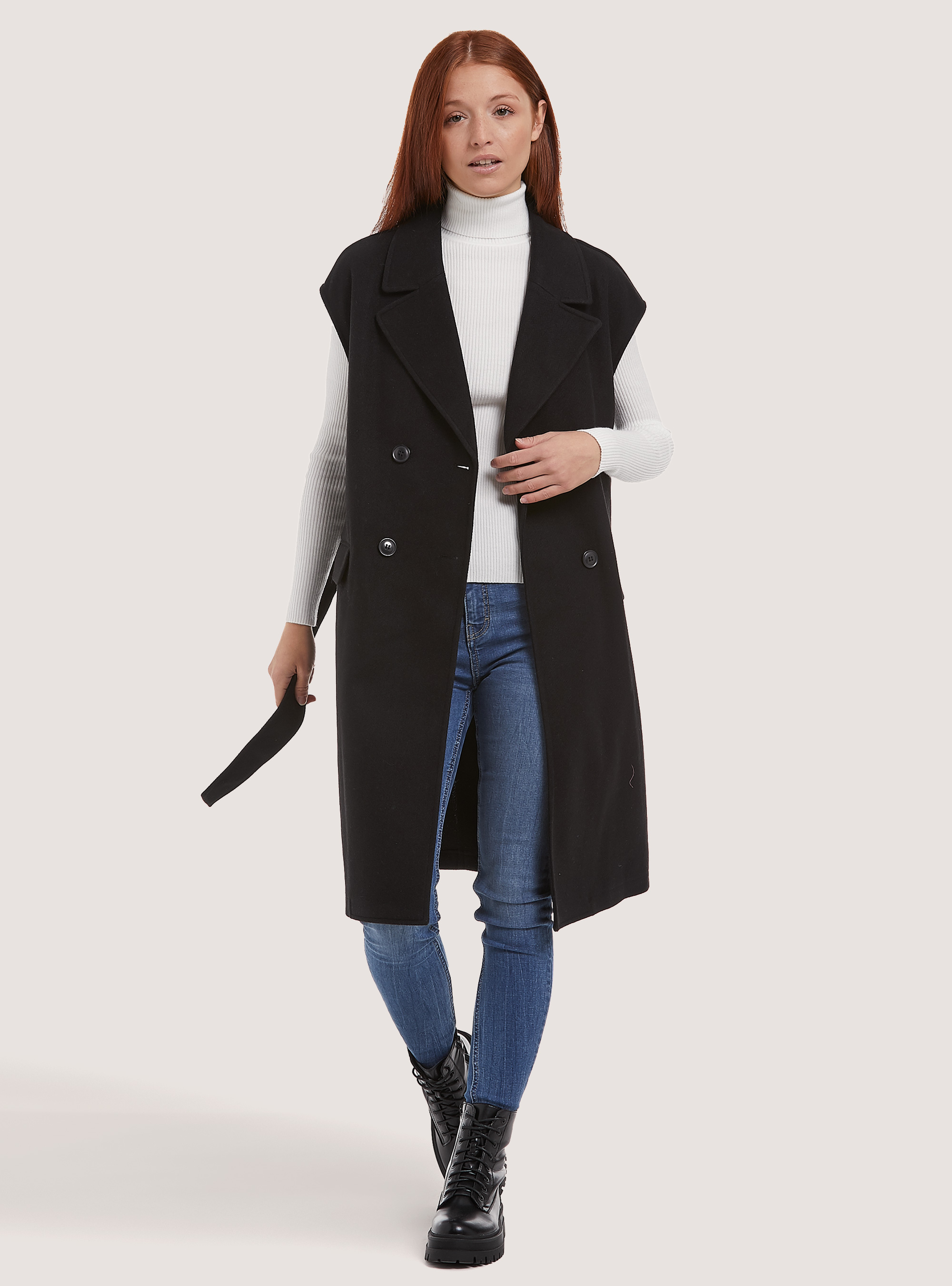 Abrigo sin mangas con cintur&oacute;n, BK1 BLACK