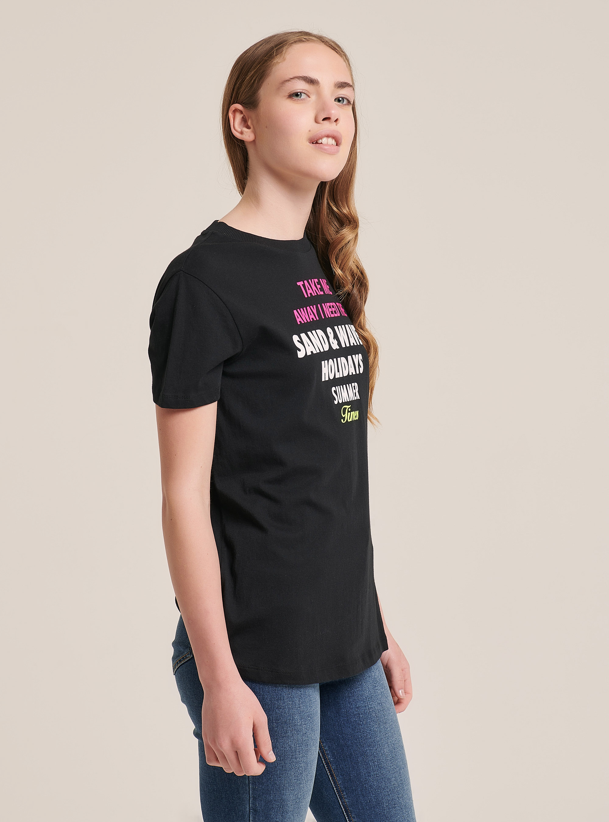 T-shirt col rond avec imprimé, C101 BLACK