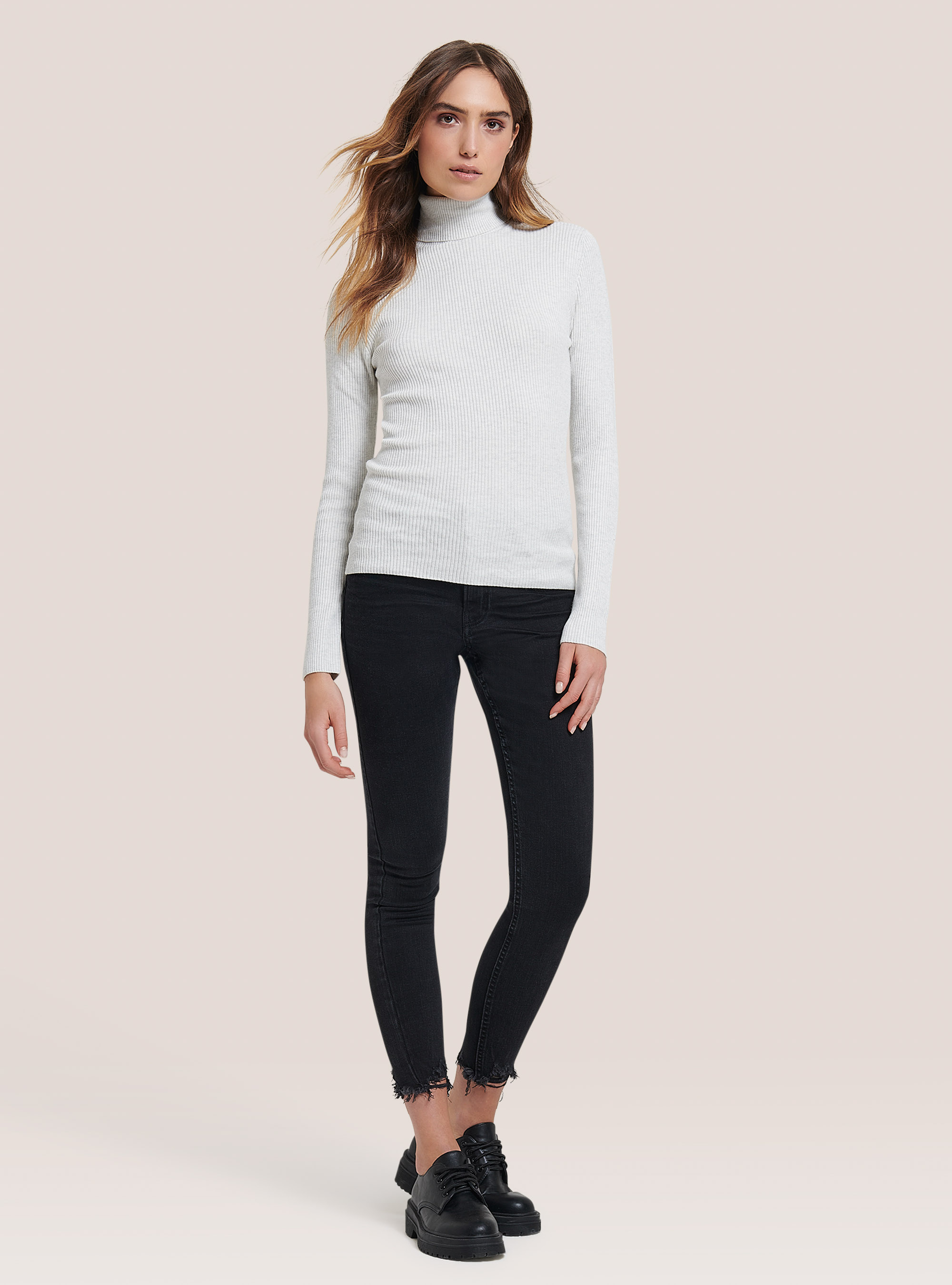 Ribbed turtleneck pullover, MGY3 GREY MEL LIGHT