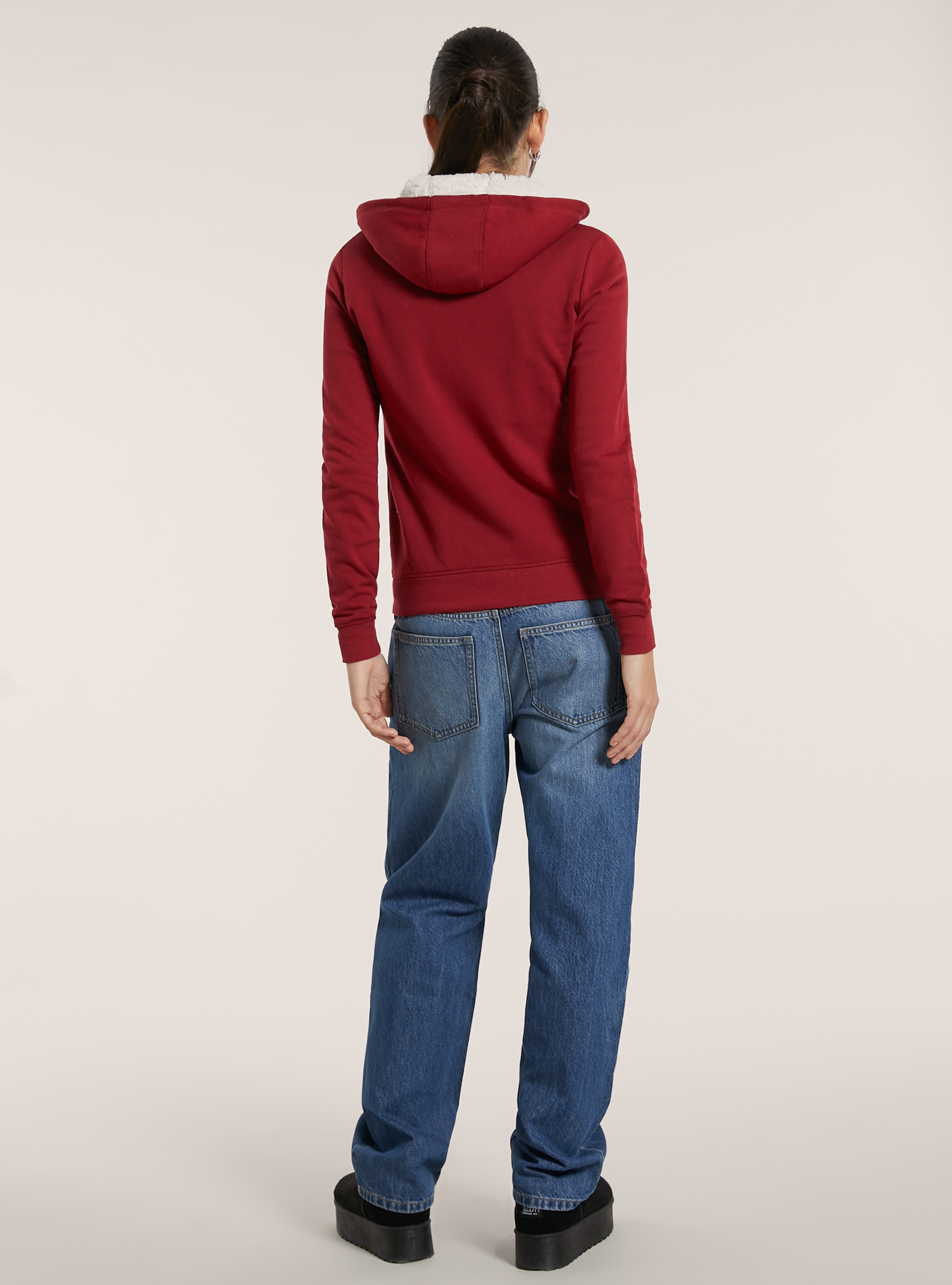 Sweatshirt with zip and faux fur hood, BORDEAUX