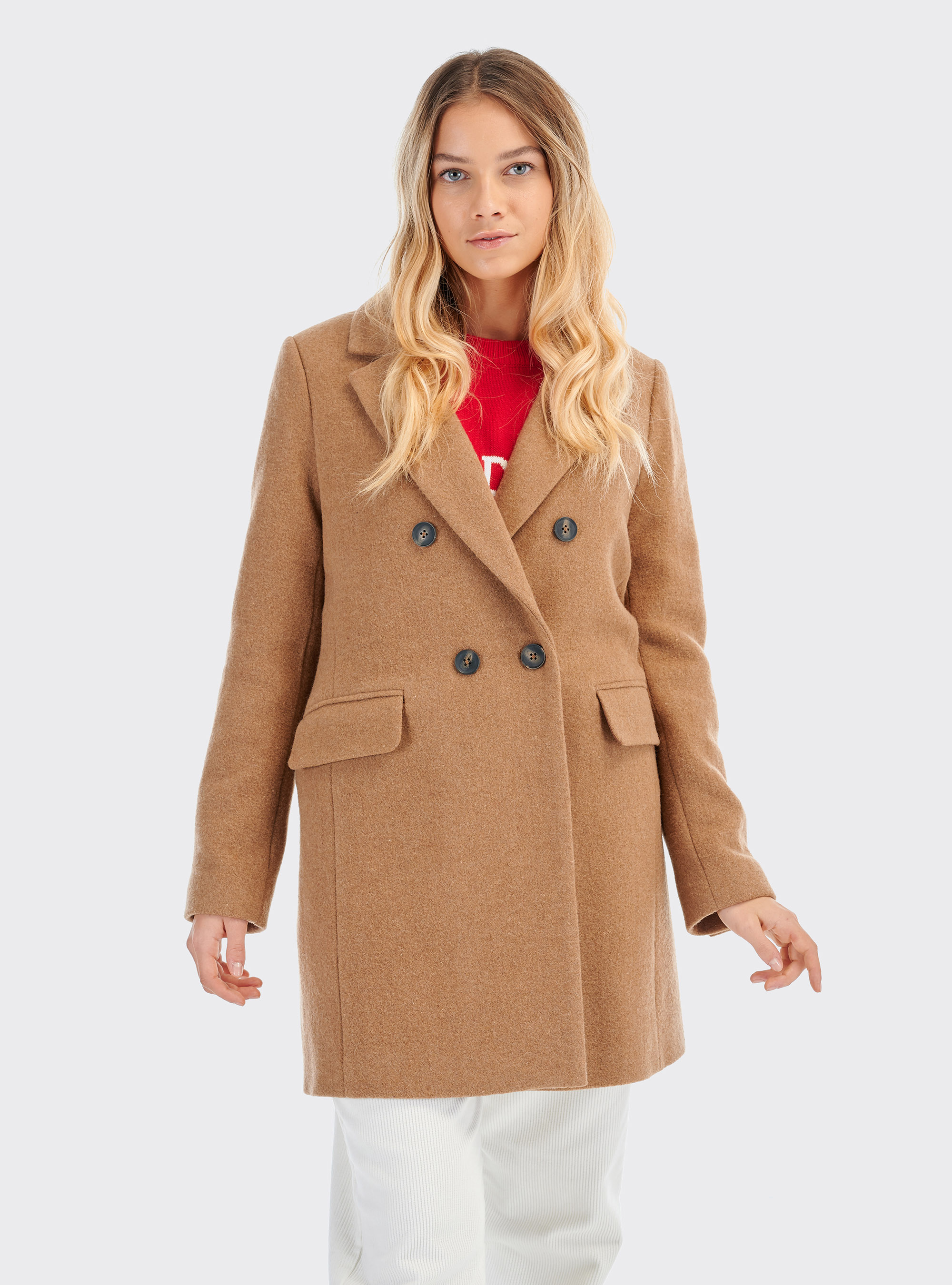 Wool blend double-breasted coat, C5508 TOBACCO
