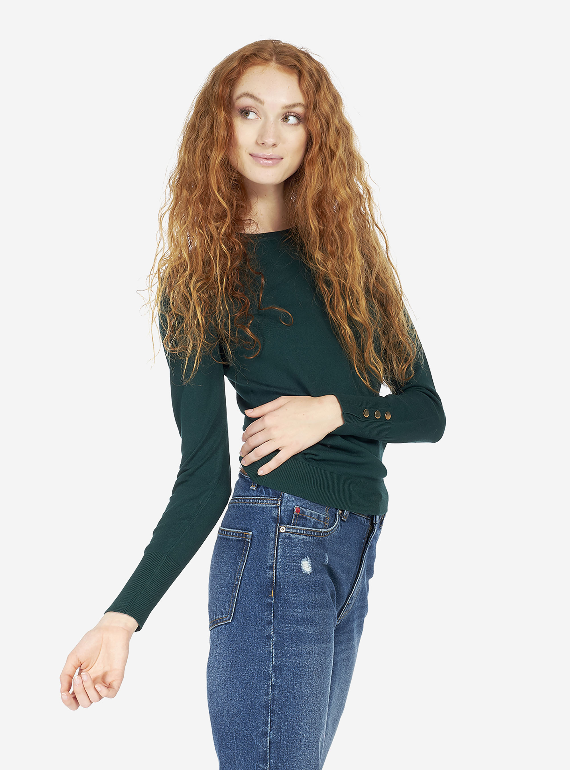 OVERSIZED SWEATER ROUND-NECK WITH BUTTONS ON THE WRISTS, GREEN