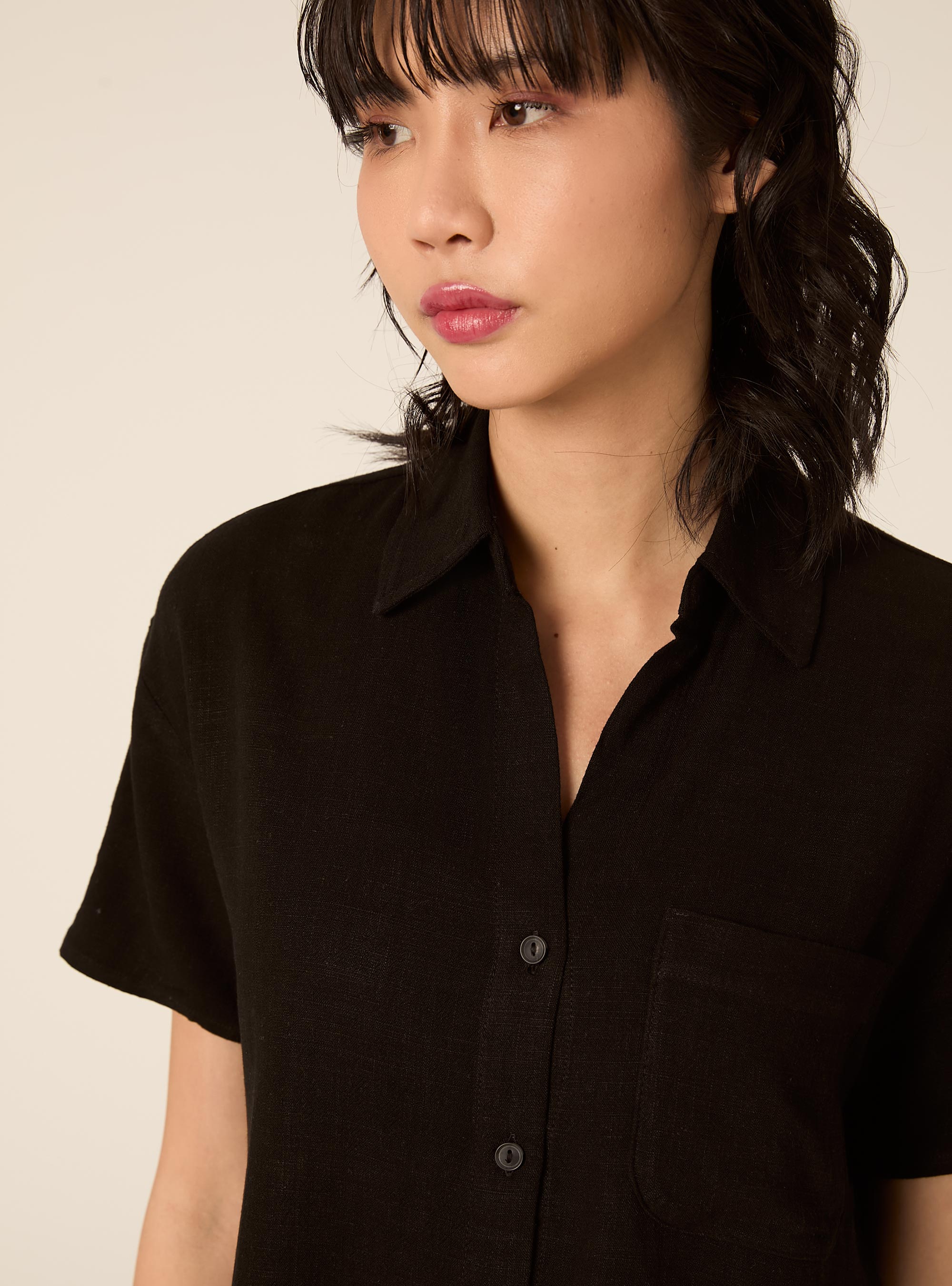 Cropped linen blend shirt, BK1 BLACK