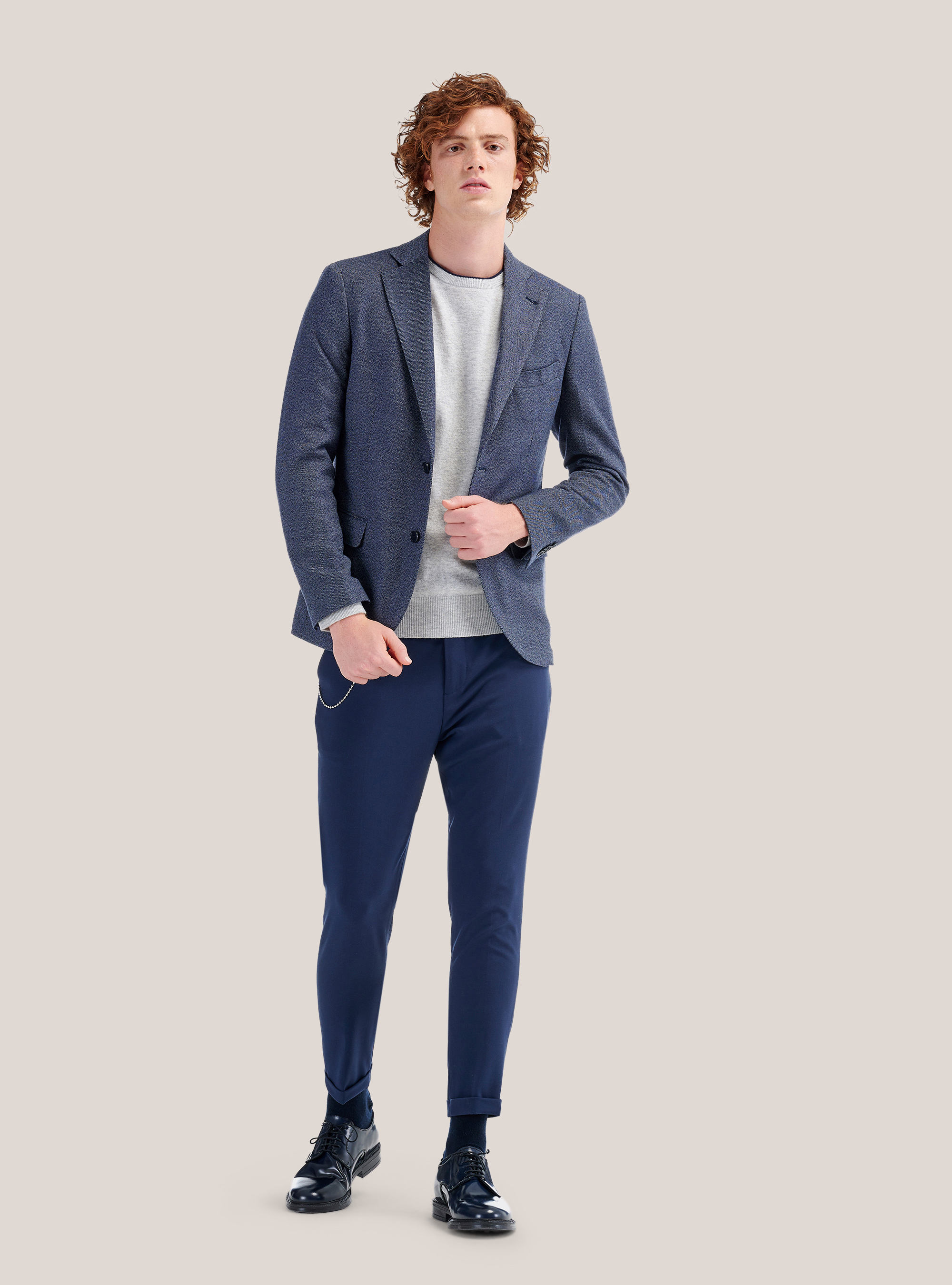 Round neck sweater with contrasting border, GREY MELANGE