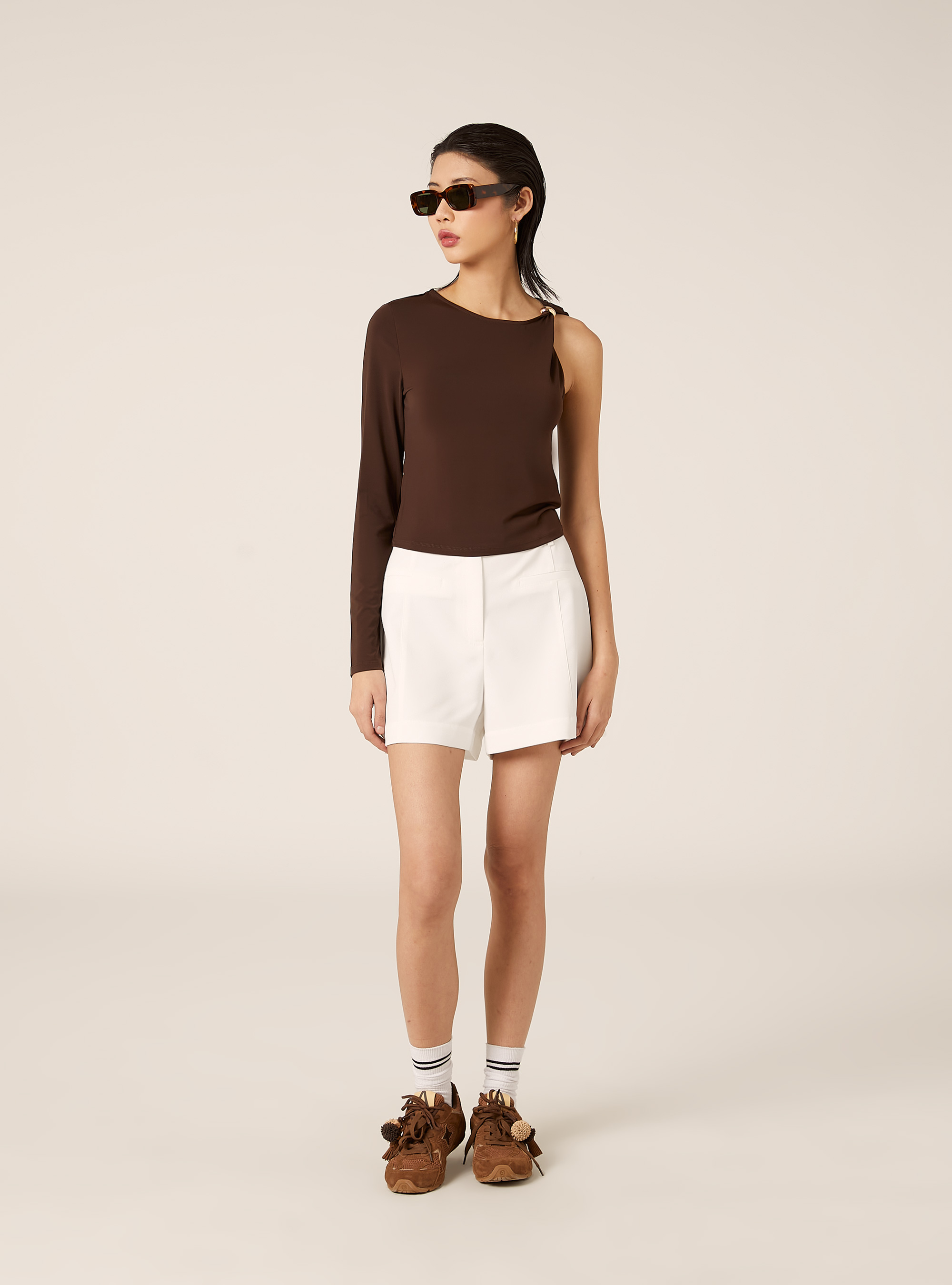 T-shirt monospalla con dettaglio, BR2 BROWN MEDIUM