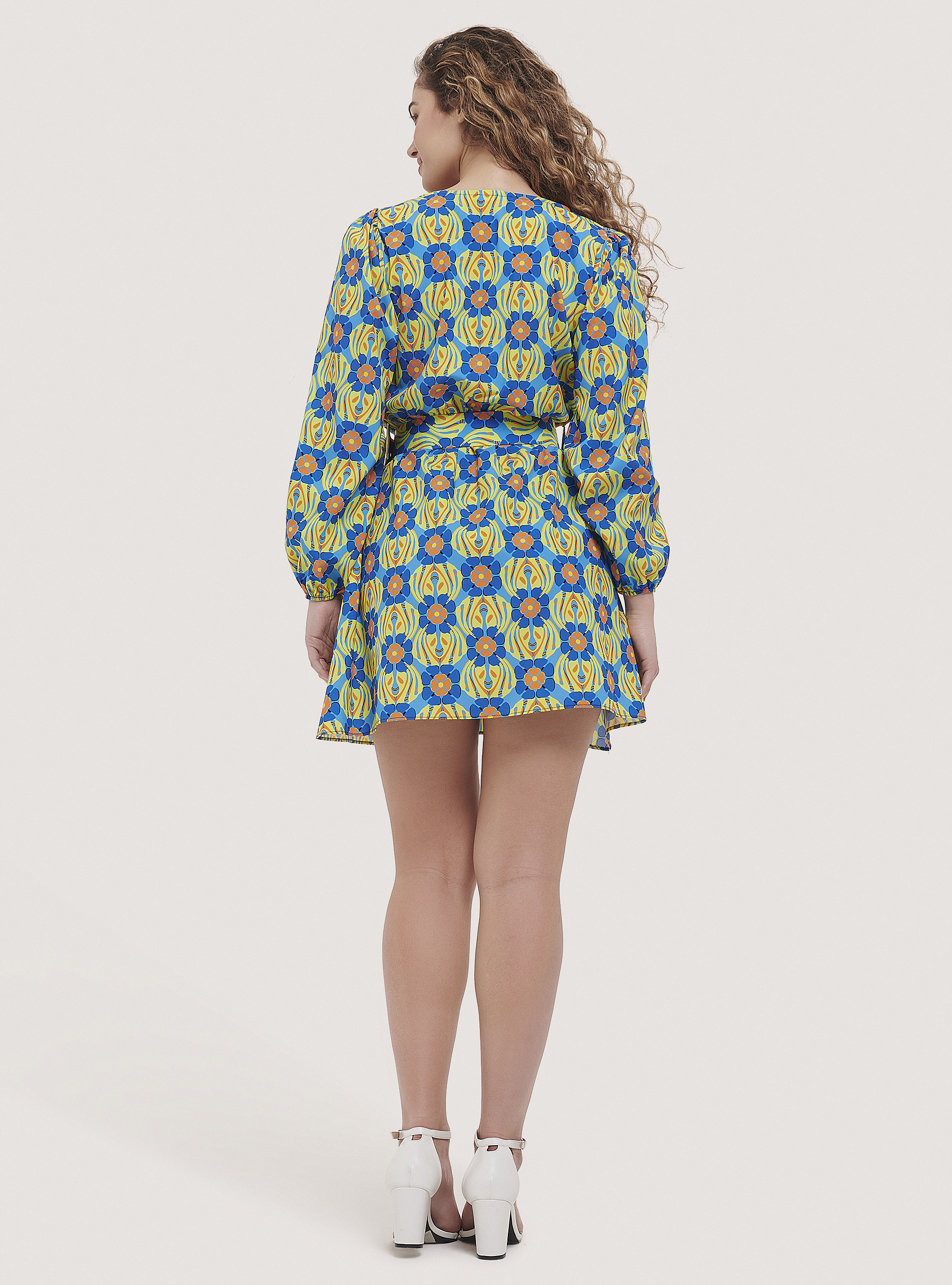 Dress with floral print and waistband, C0299 AZZURRE