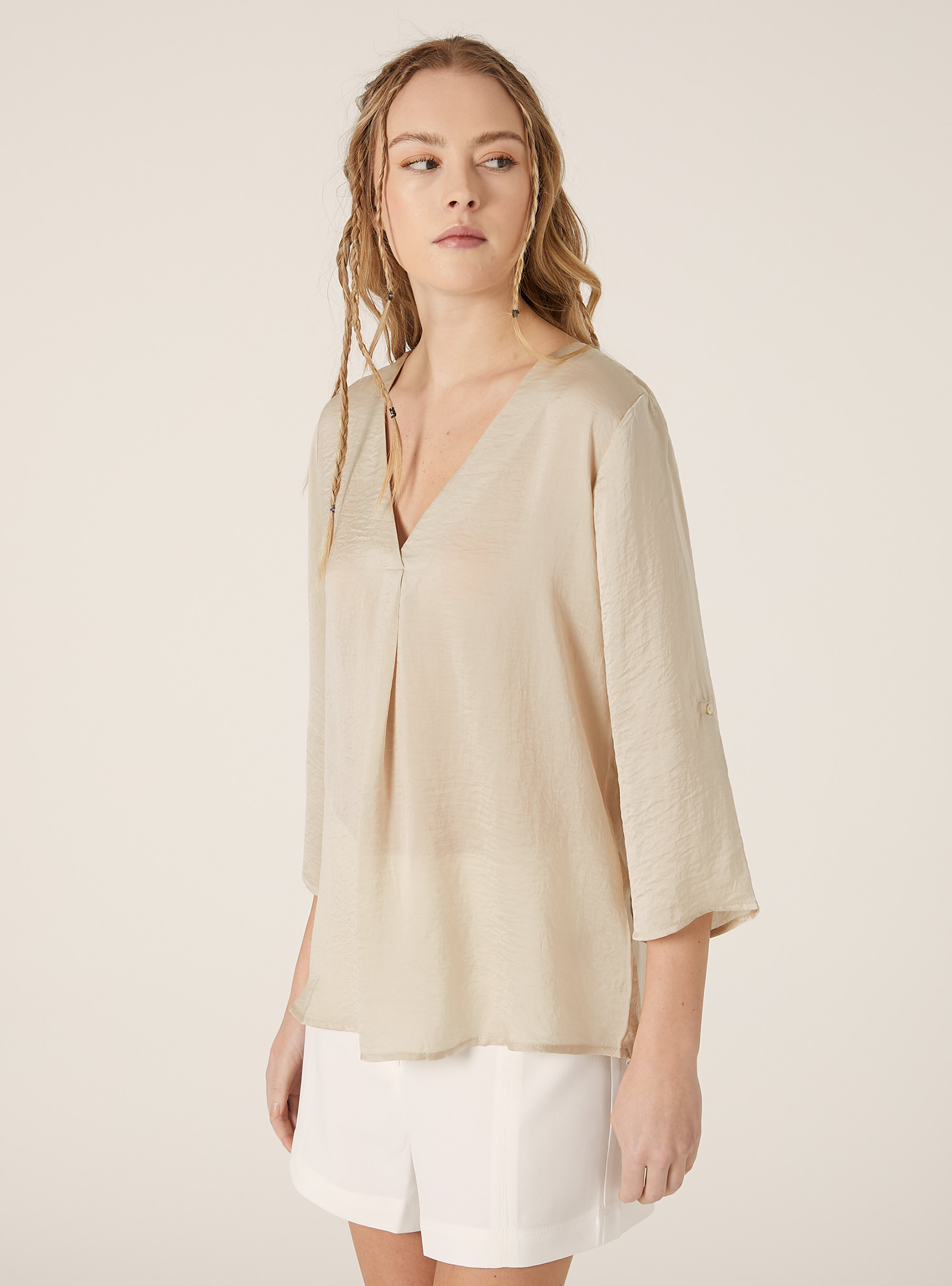Blusa de color liso con escote, BG3 BEIGE LIGHT