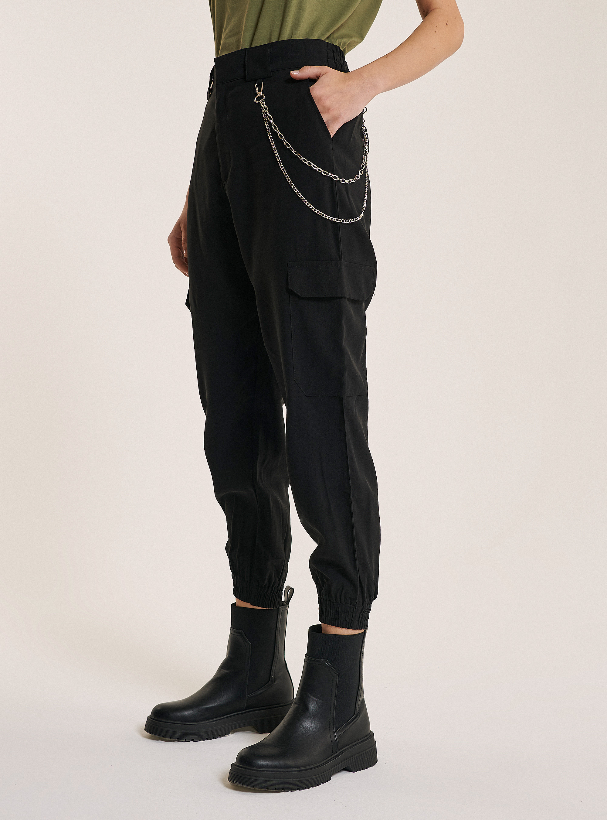 Comfort fit trousers with maxi pockets and chains, BLACK