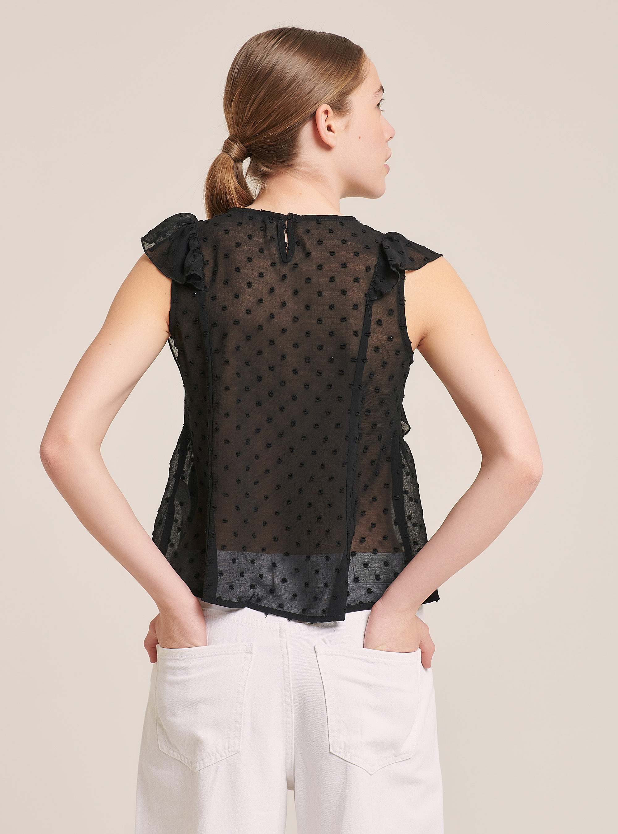 Blouse with embroidery and mini ruffles, BLACK