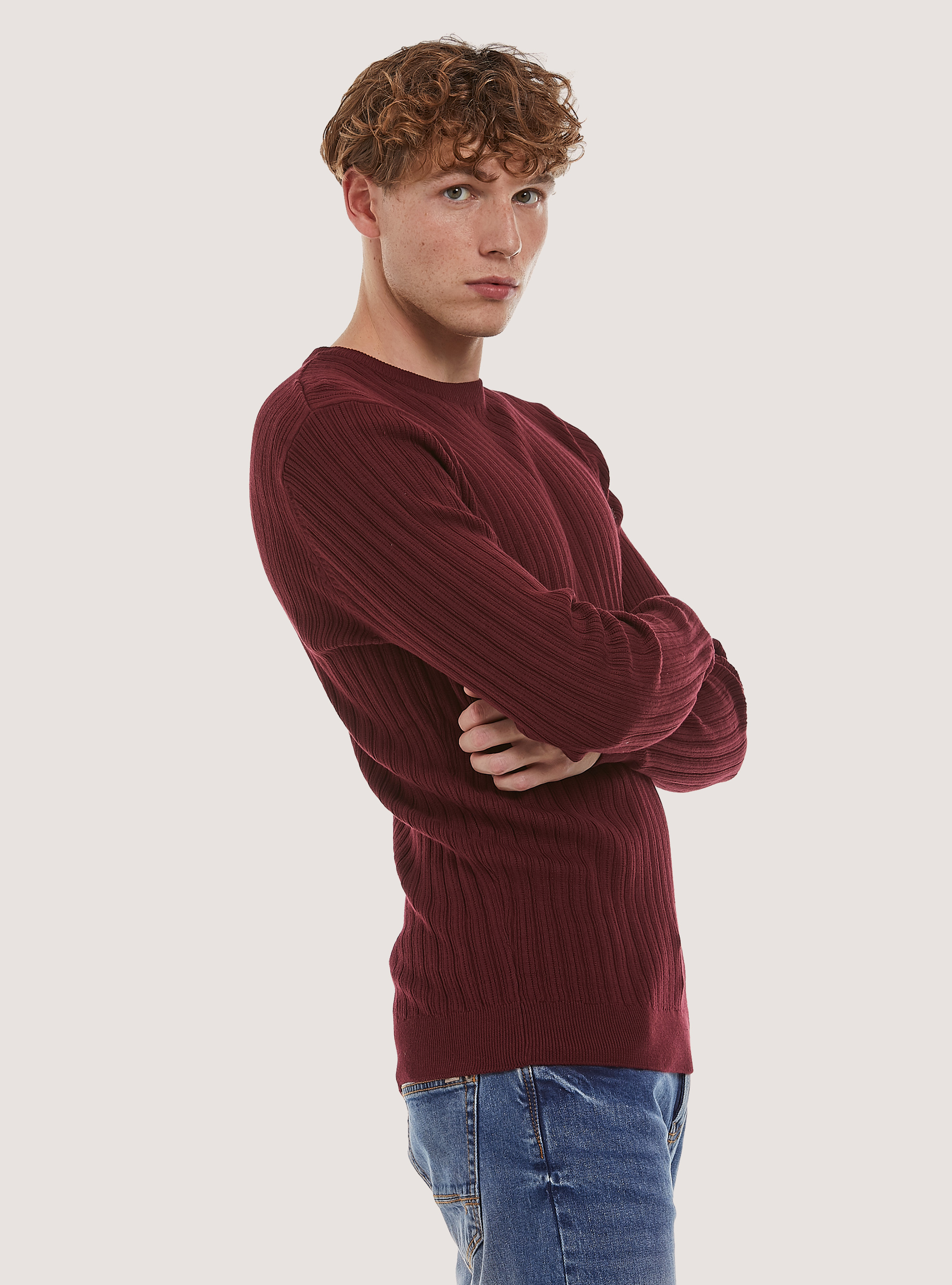 Crew-neck pullover with texture, BO2 BORDEAUX MEDIUM