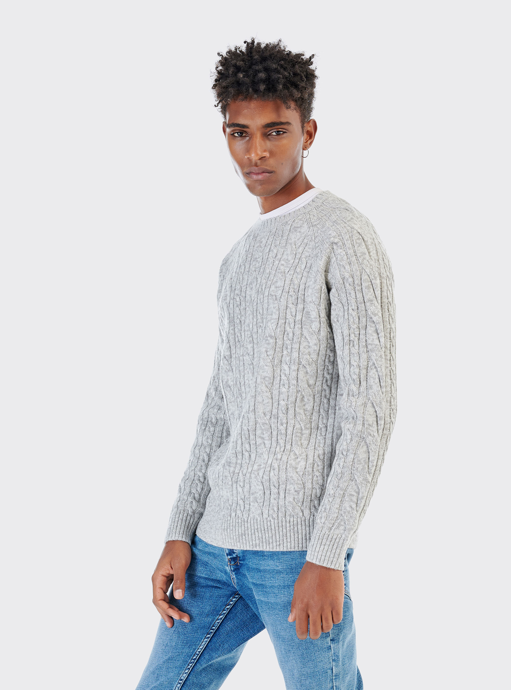 Pullover in misto lana con lavorazione a trecce, PERLA