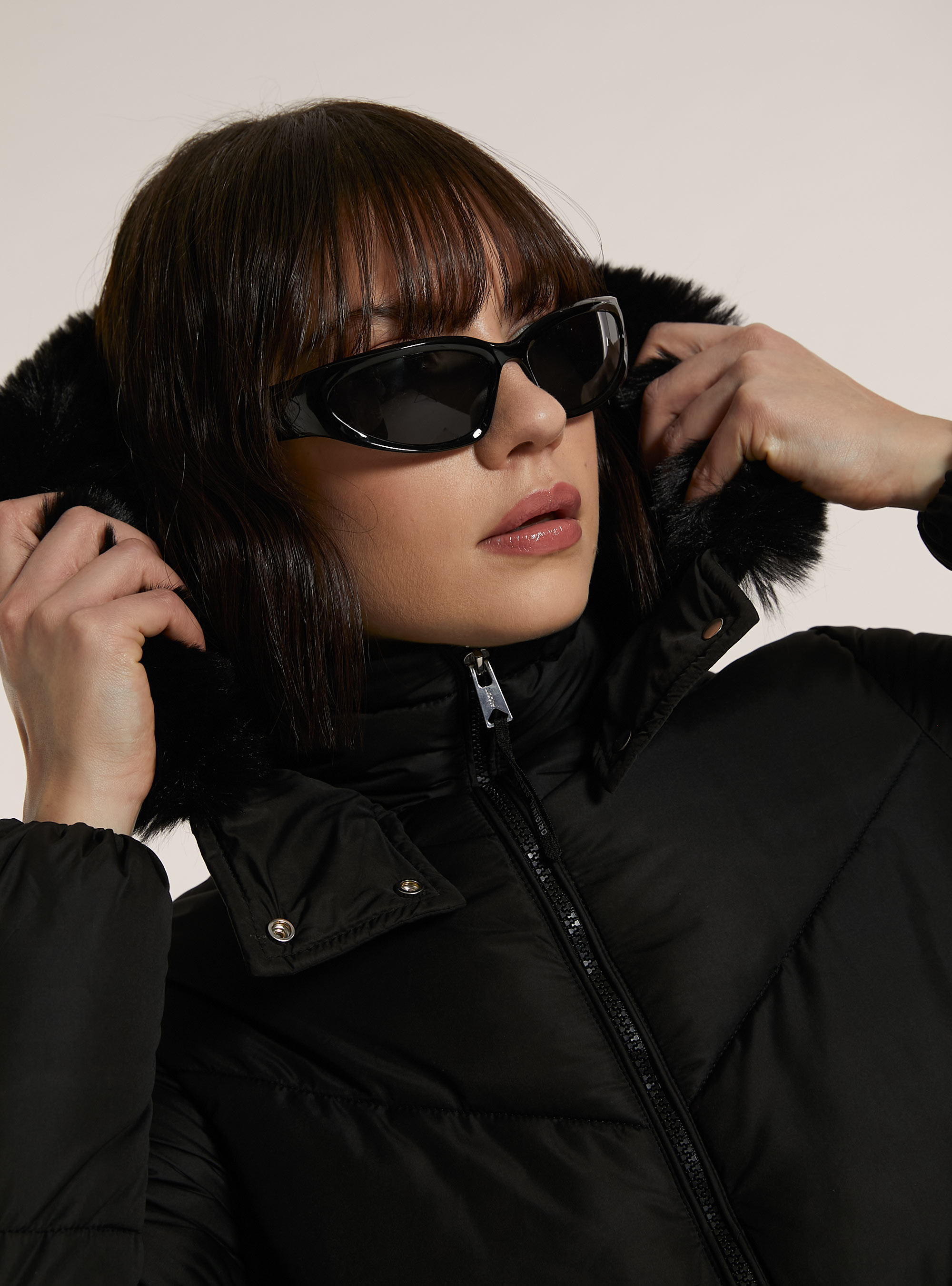 Puffy jacket with faux fur hood, BK1 BLACK