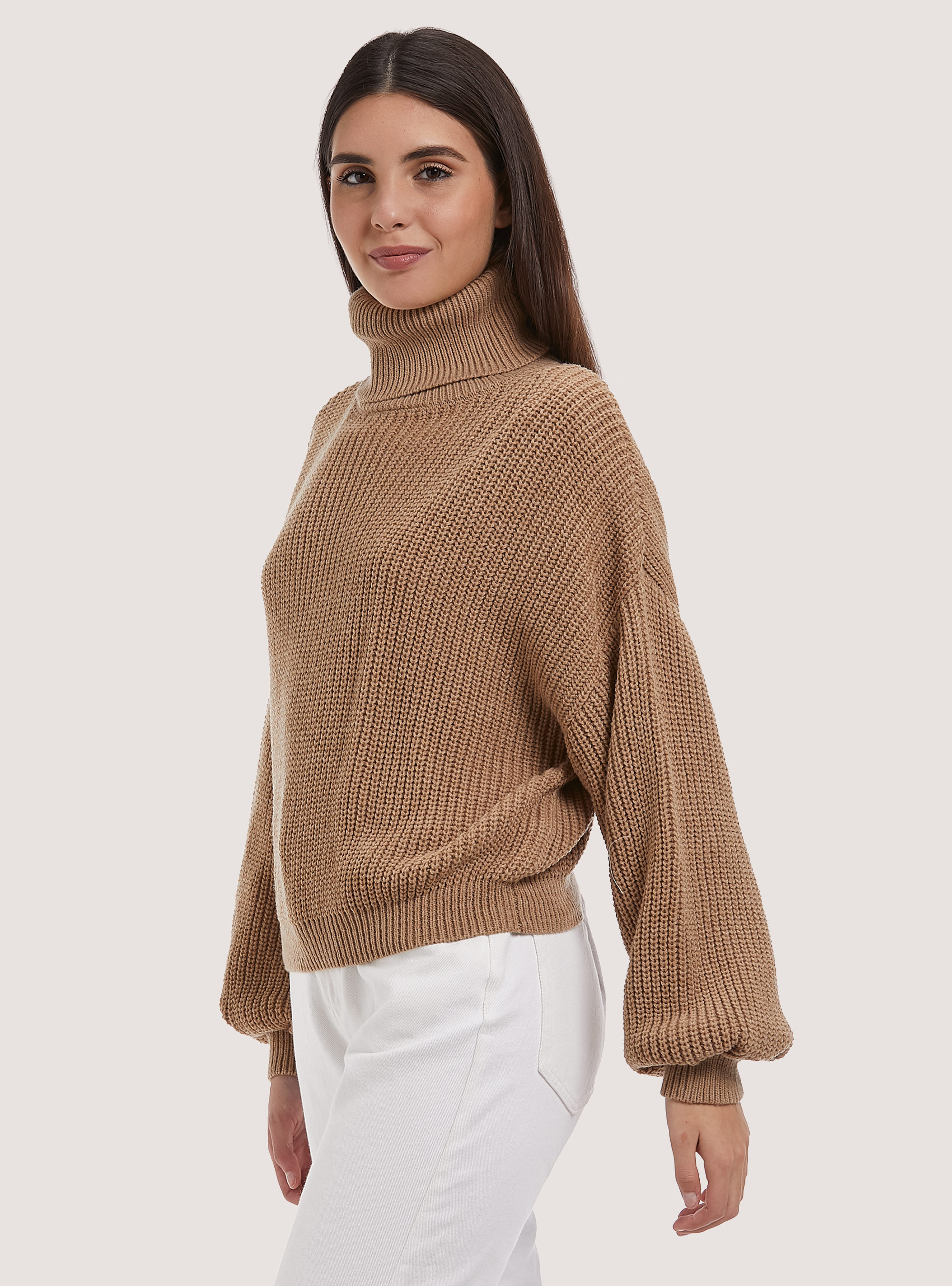 High-necked comfort fit English rib pullover, C0511TOBACCO/C099WHITE