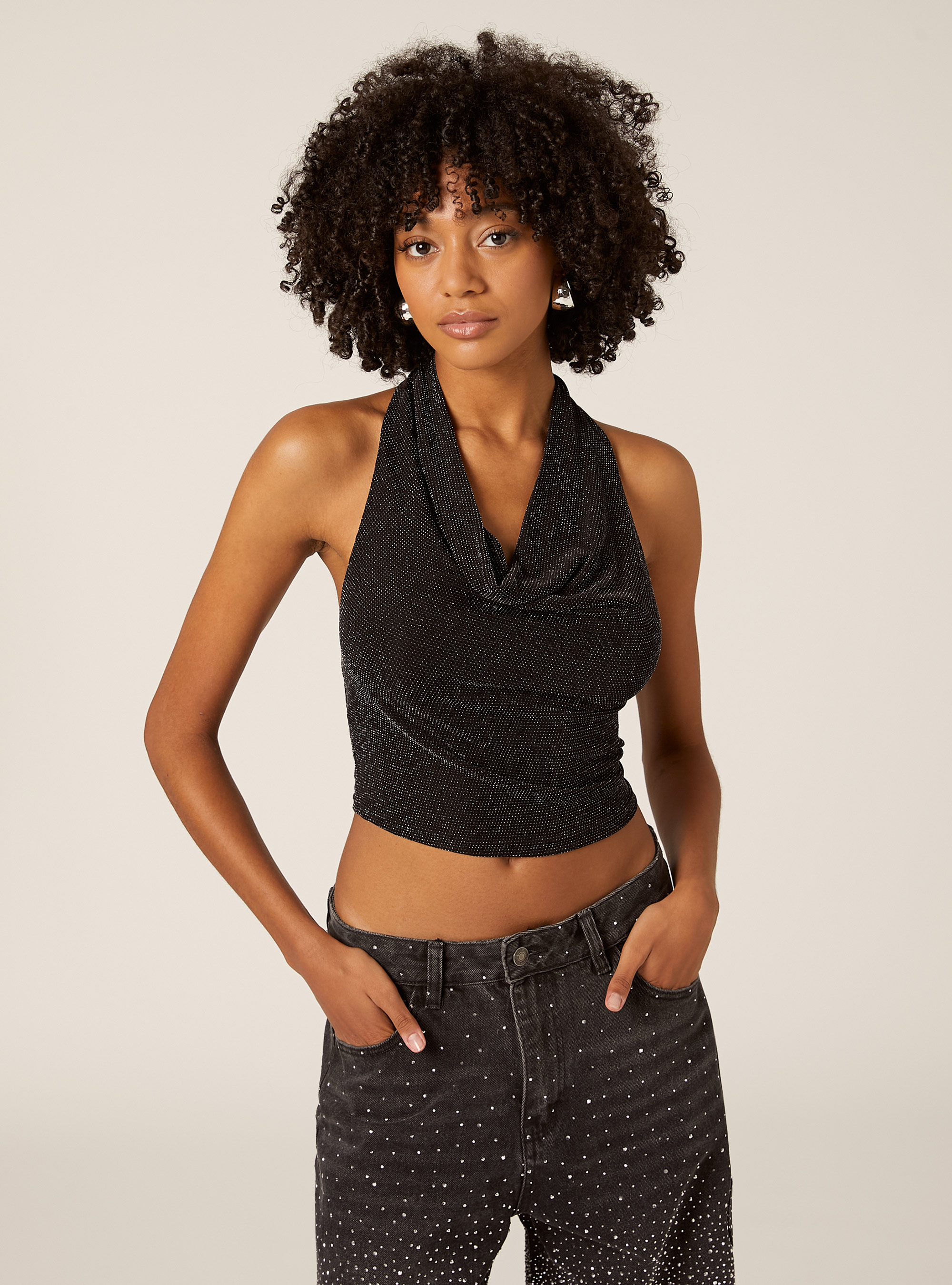 Halter top with rhinestones, BK1 BLACK