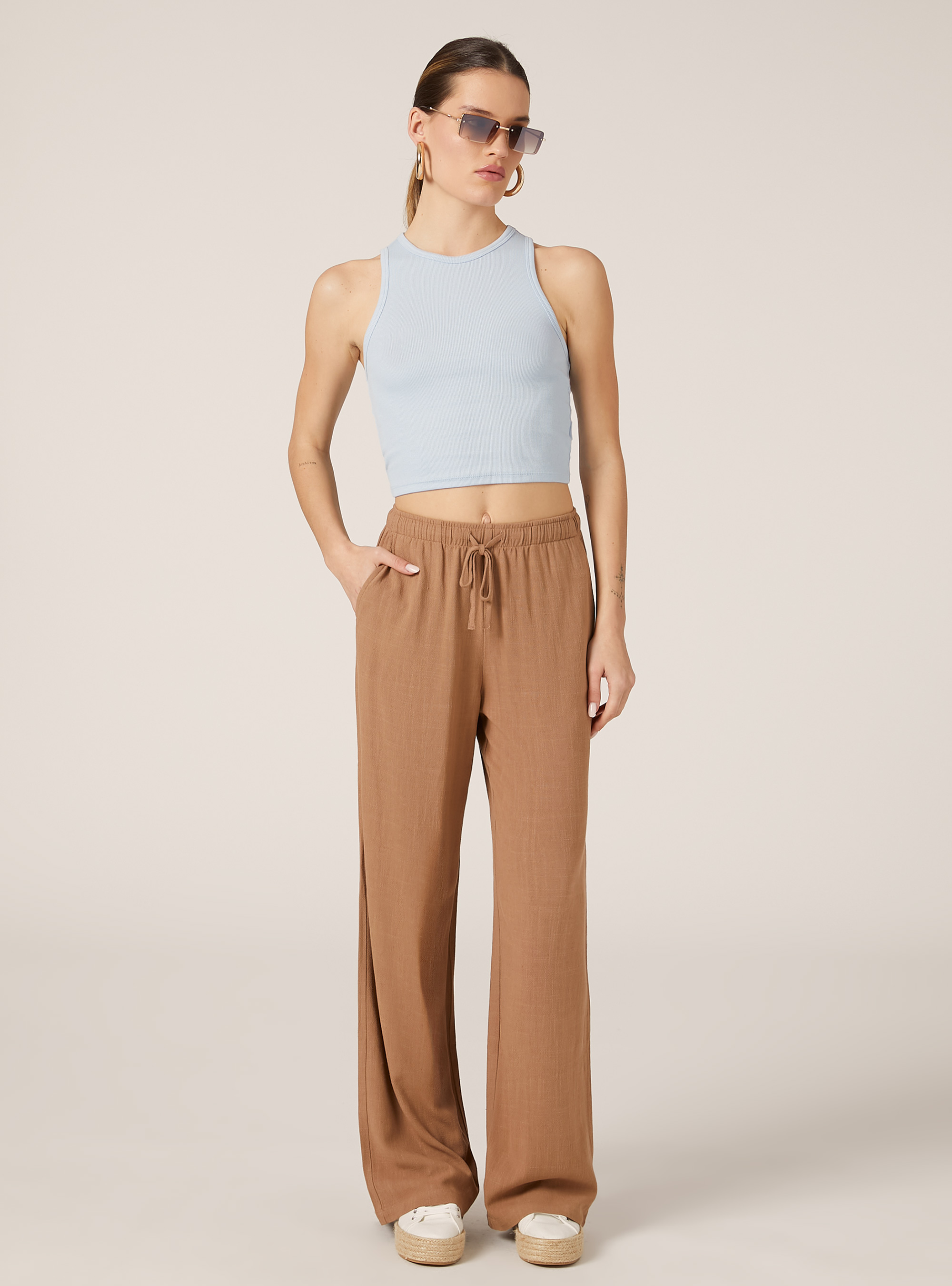 Linen blend palazzo trousers, TB2 TOBACCO MEDIUM