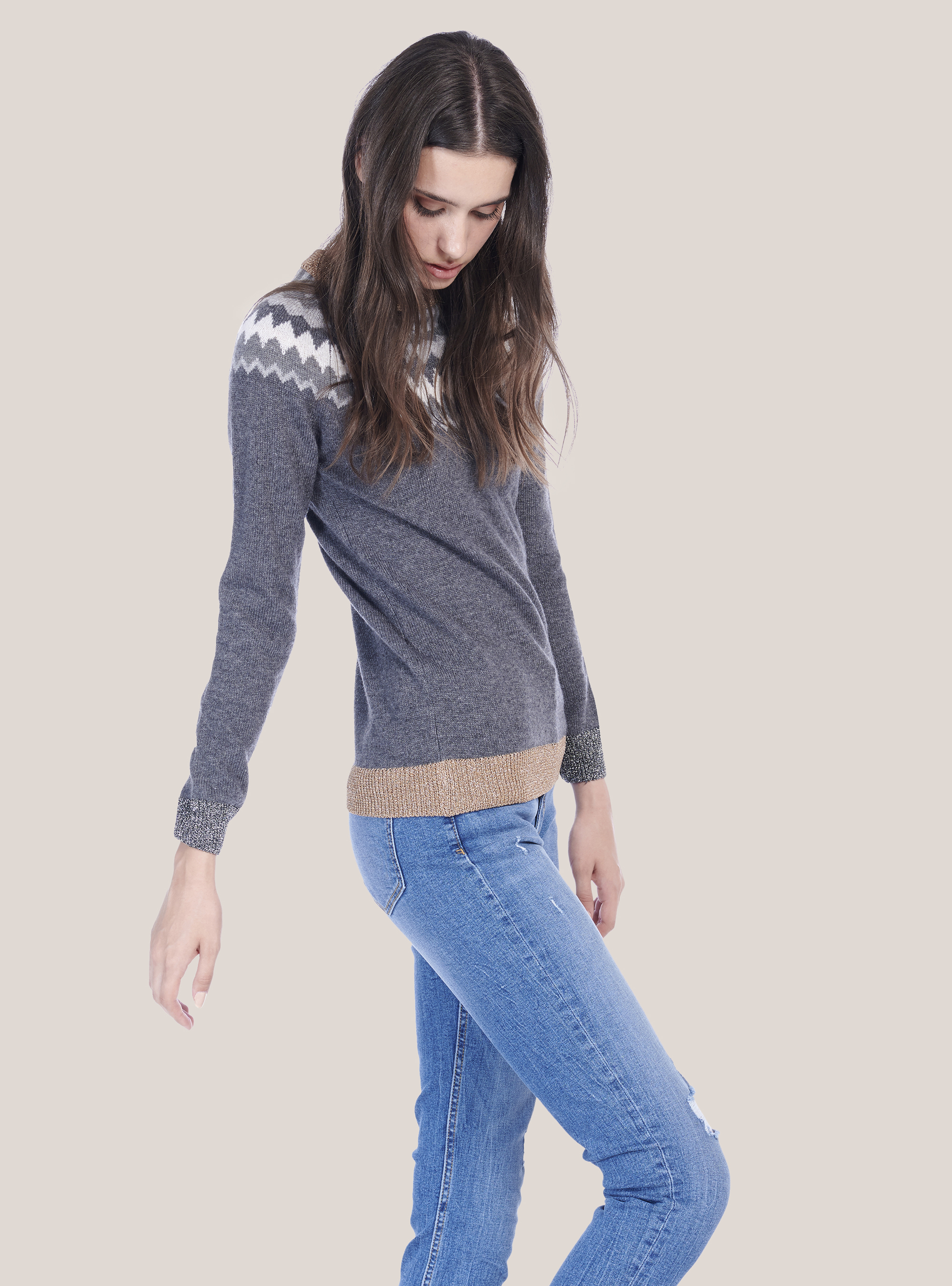 ROUNDNECK PULLOVER WITH JACQUARD GRAPHICS, GREY MELANGE